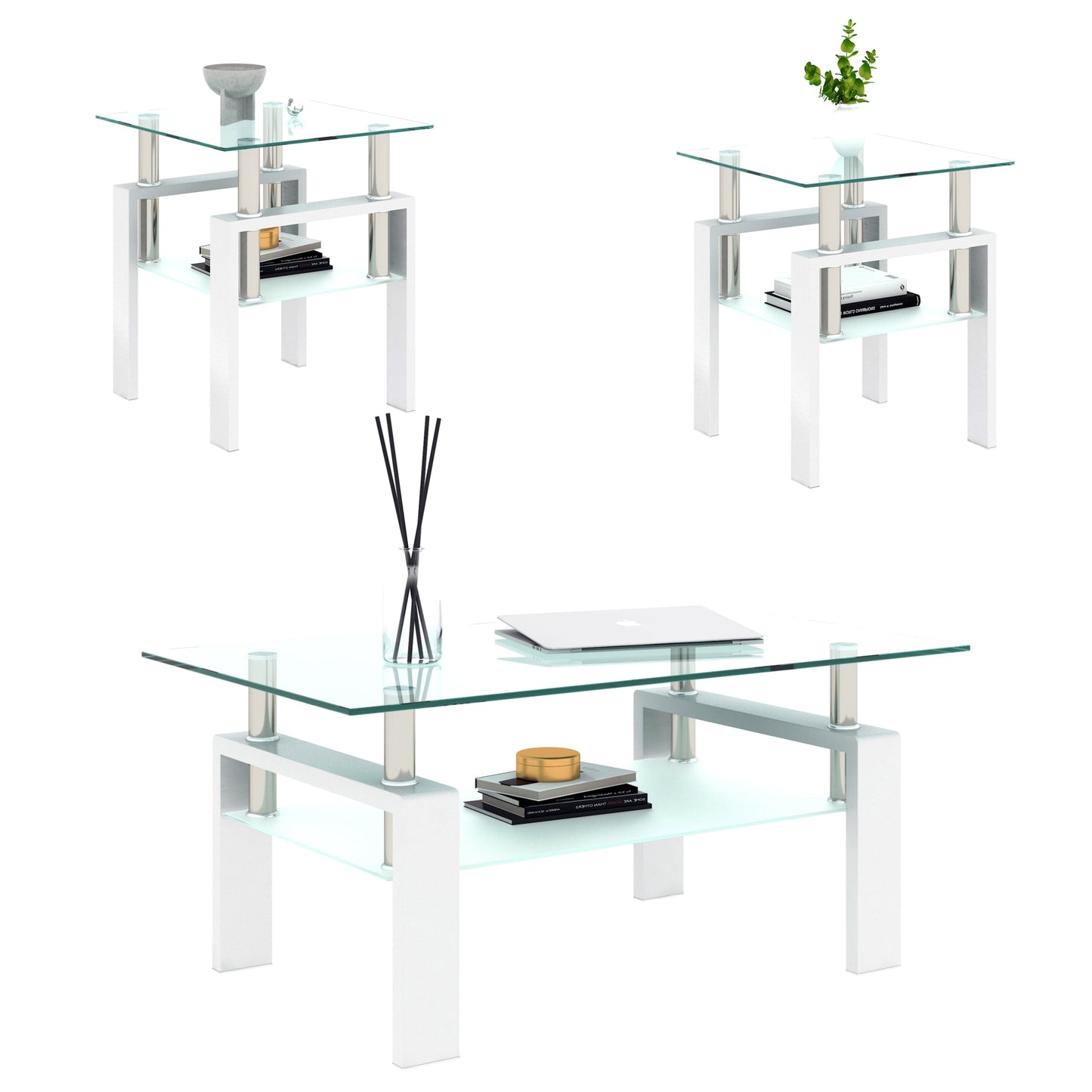 Set of 2 Modern Tempered Glass Coffee Tables