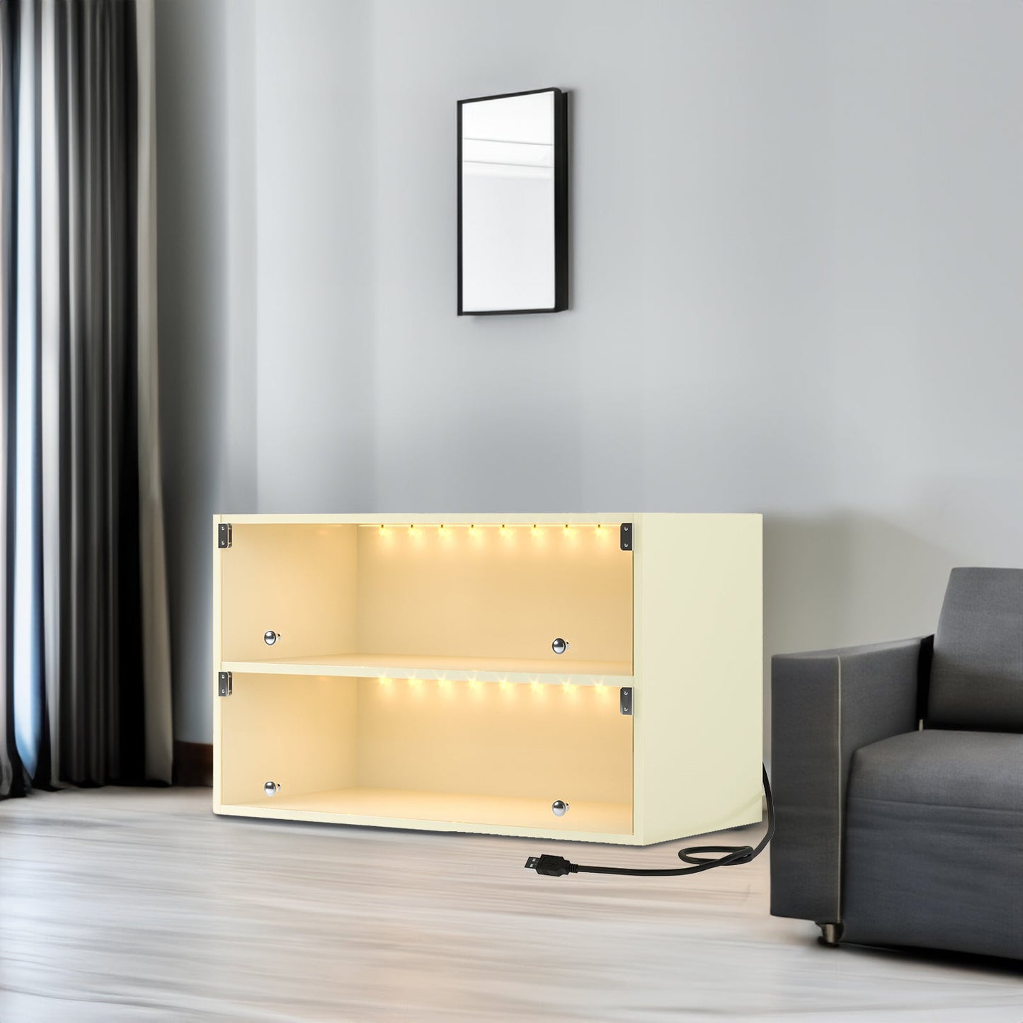 Off white Glass Door Shoe Box Shoe Storage Cabinet For Sneakers With RGB Led Light - Korvel