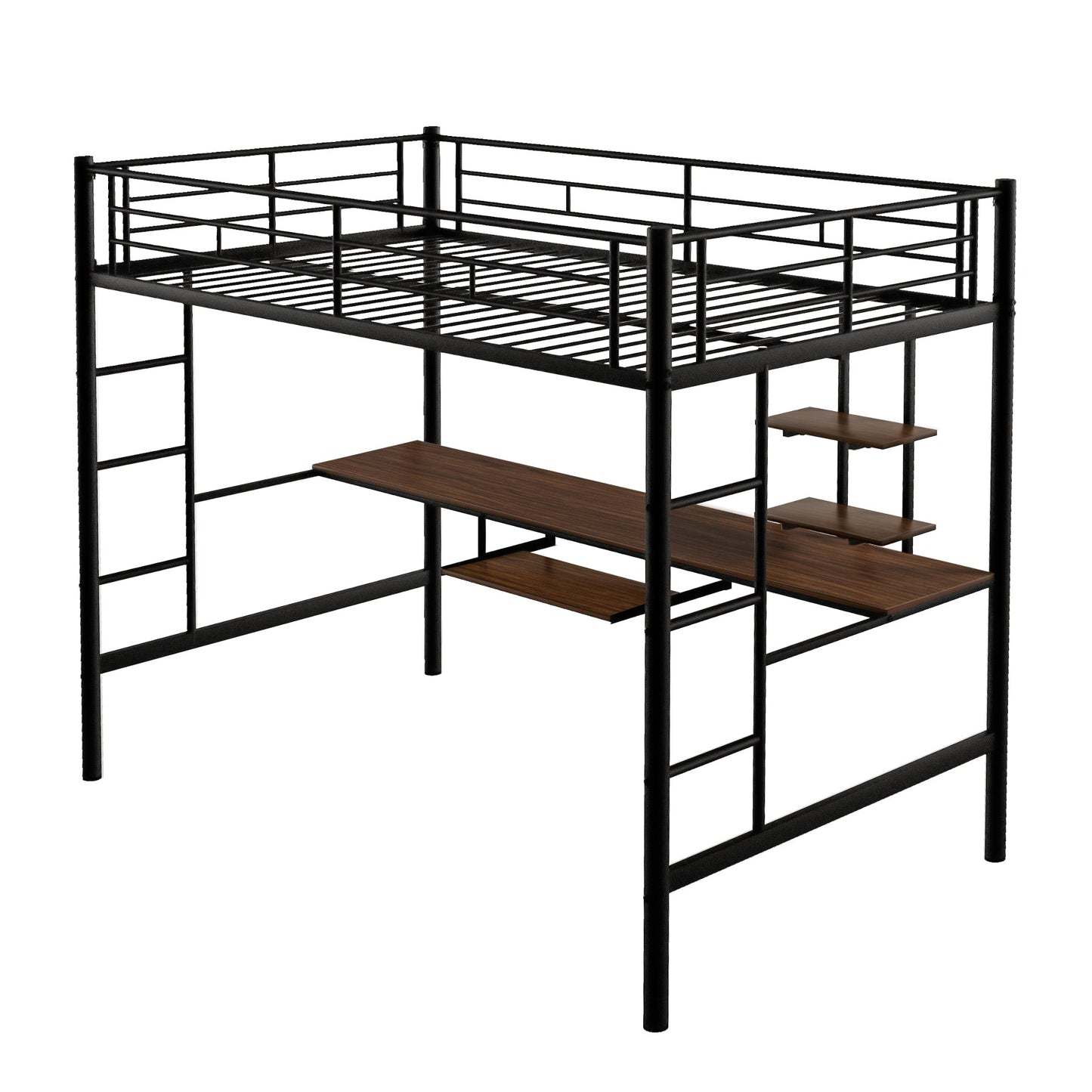 Loft Bed with Desk and Shelf   Space Saving Design Full Black - Korvel