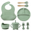 8PCS Mother and baby silicone bibs, silicone dinner plates, eight-piece set, baby food training suction cup bowl, baby divided tableware set - Korvel