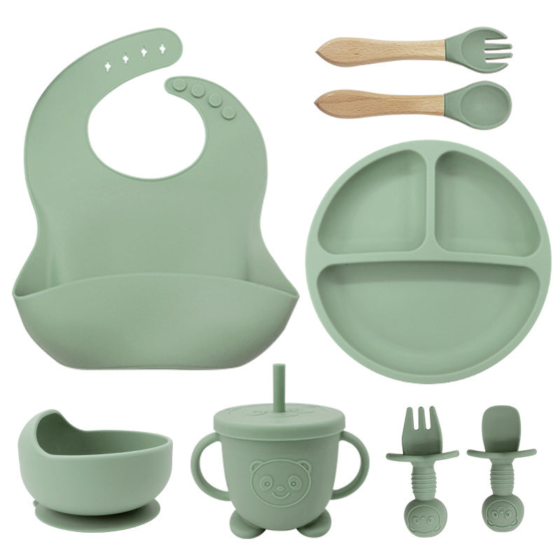 8PCS Mother and baby silicone bibs, silicone dinner plates, eight-piece set, baby food training suction cup bowl, baby divided tableware set - Korvel