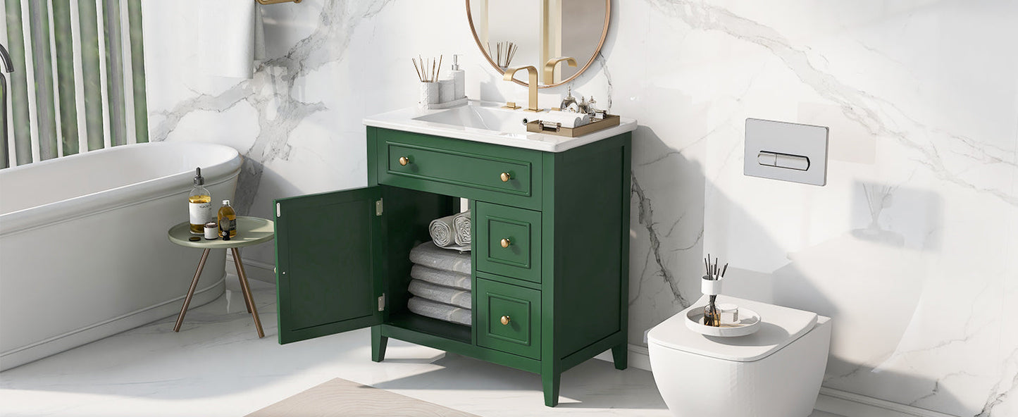Vanidad de baño verde de 30" con lavabo y almacenamiento