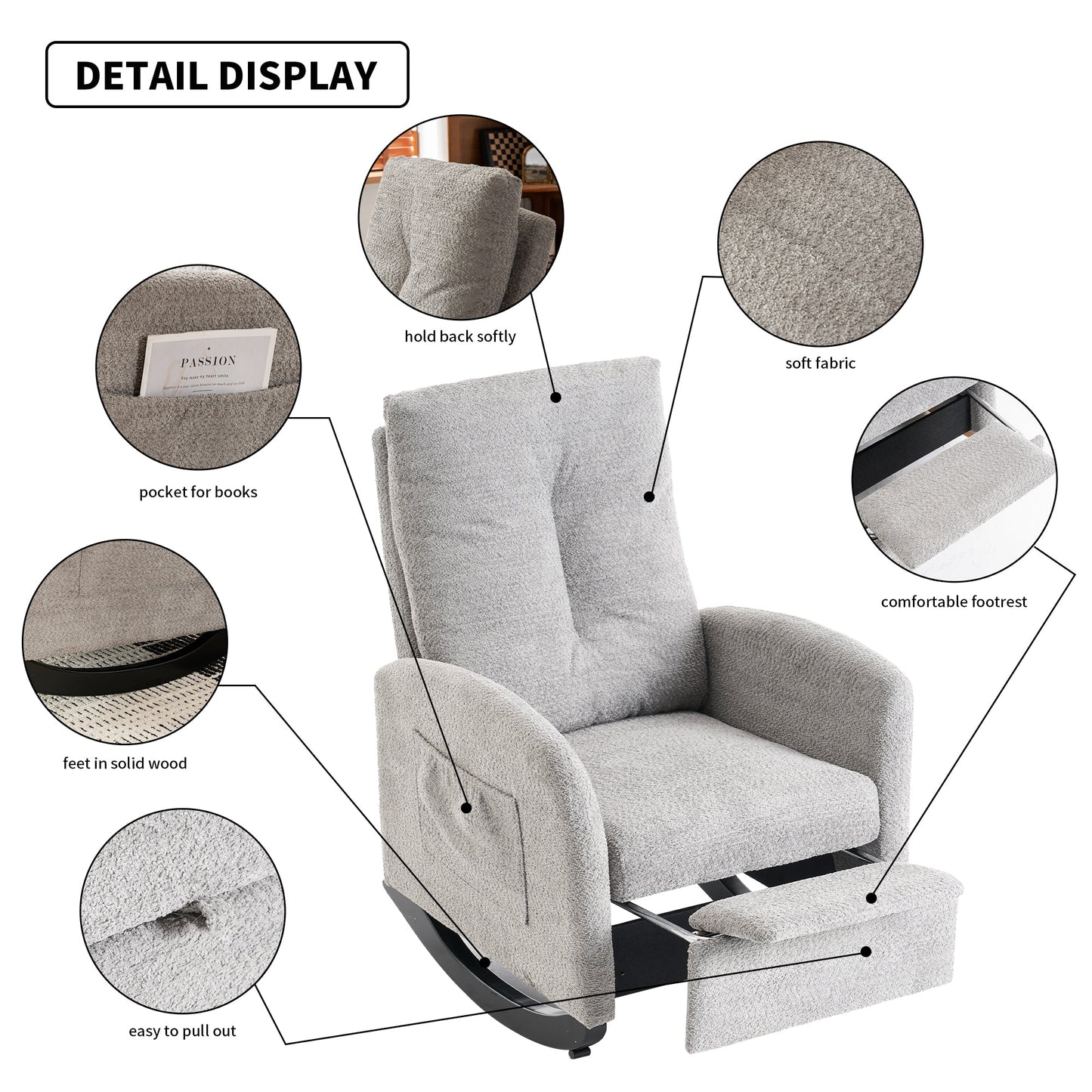 Accent Rocking Chair with Footrest High Back Rubber Wood Rocking Legs Bedroom Living Space - Korvel