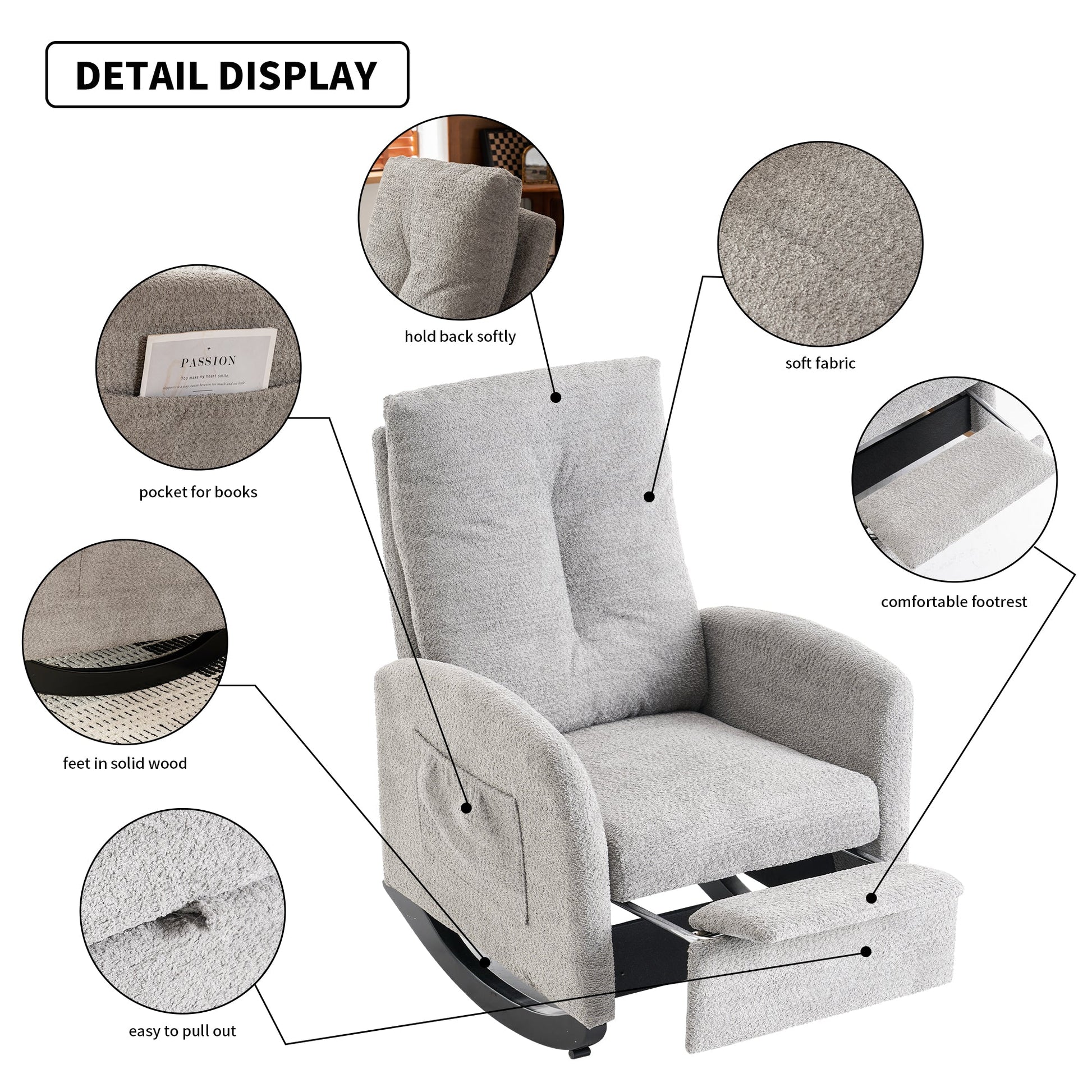 Accent Rocking Chair with Footrest High Back Rubber Wood Rocking Legs Bedroom Living Space - Korvel