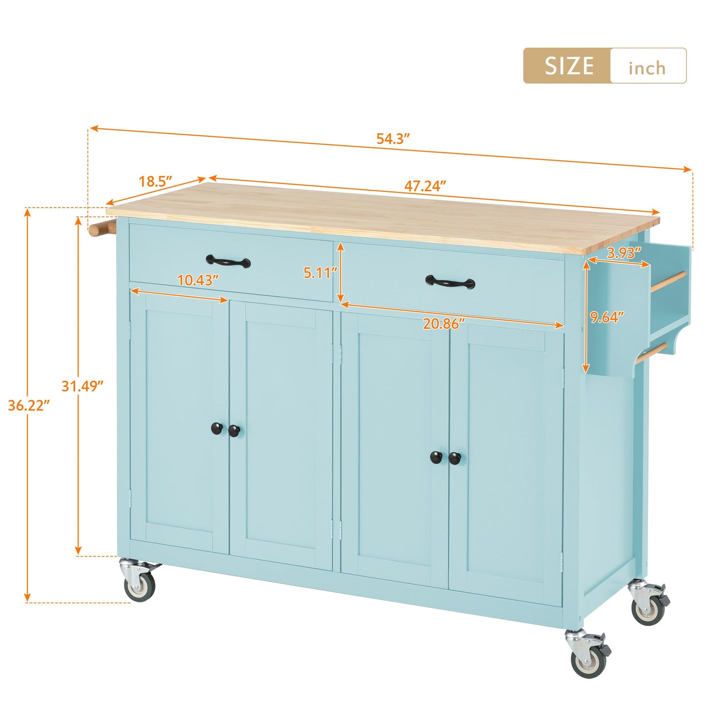 Mint Green Kitchen Island Cart with 4 Doors and Drawers