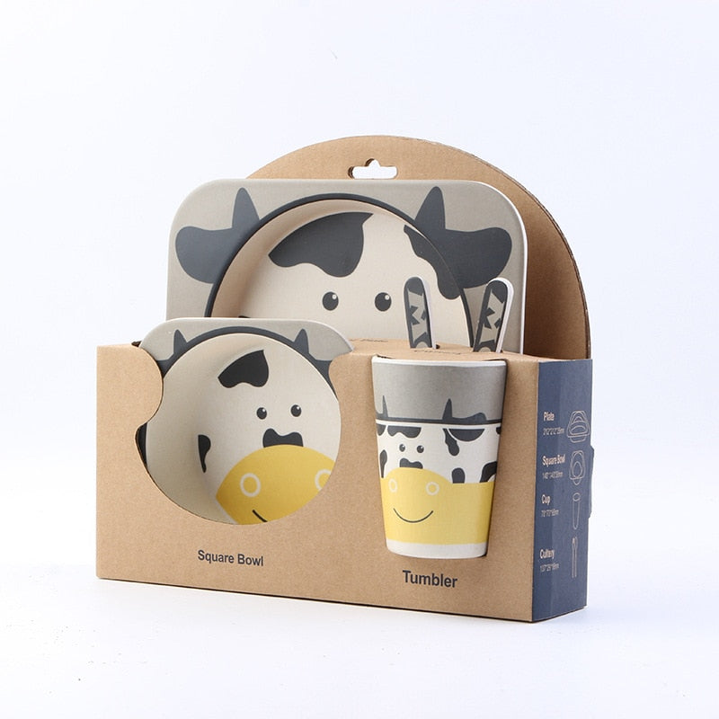 5pcs/set Children Baby Bamboo Fiber Tableware Baby Tableware Set Cartoon Animal Tableware Aet - Korvel