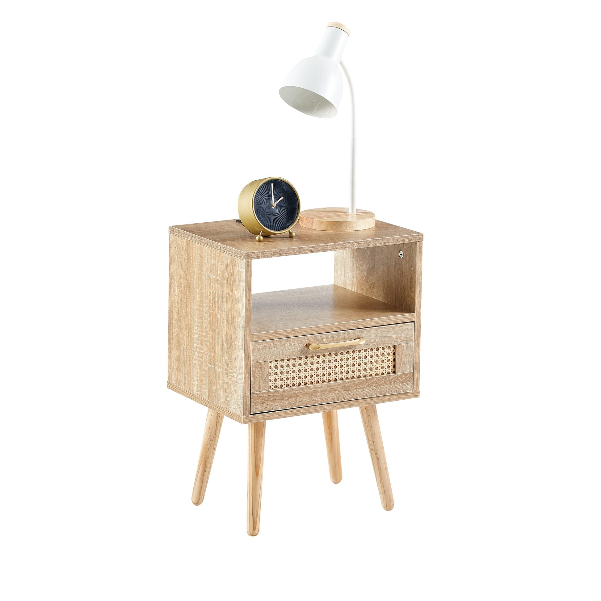 15.75" Rattan End table with Power Outlet & USB Ports  Modern nightstand with drawer and solid wood legs - Korvel