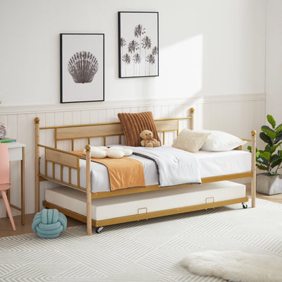 Cama nido de metal dorado elegante con trundle - Tamaño individual