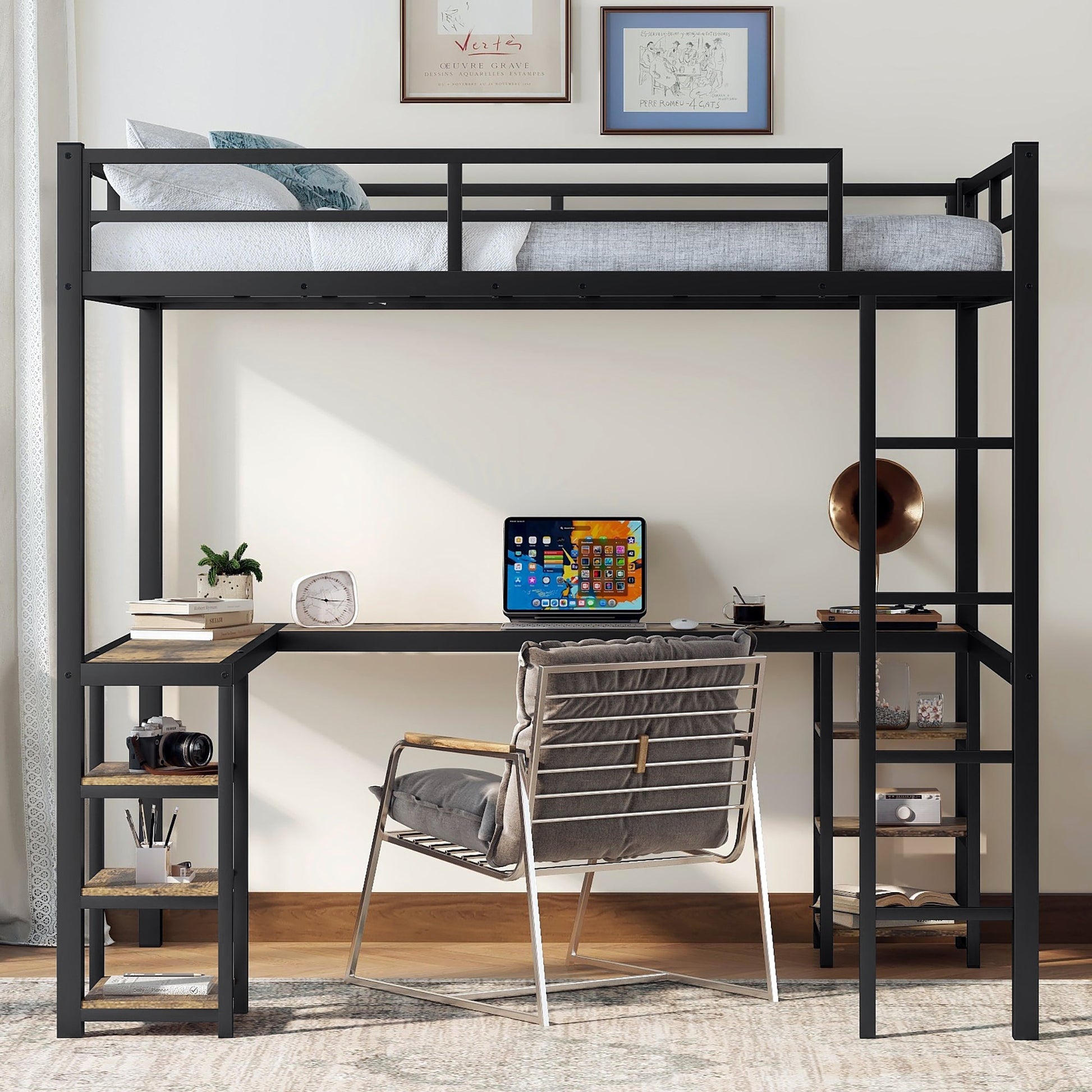 Full metal loft bed with desk and shelf, loft bed with ladder and guardrail, bedroom loft bed frame, black - Korvel