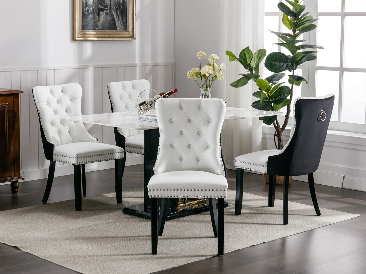 Tufted Solid Wood Dining Chairs - 2-Piece Set in White and Black
