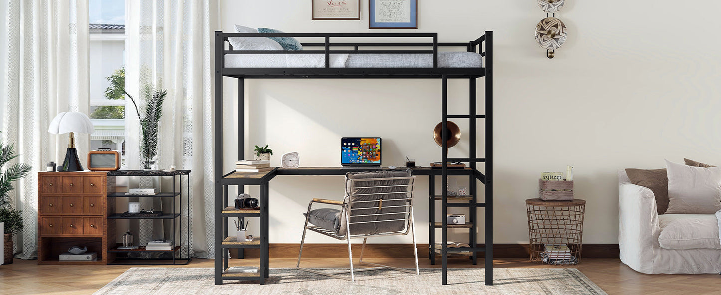 Full metal loft bed with desk and shelf, loft bed with ladder and guardrail, bedroom loft bed frame, black - Korvel