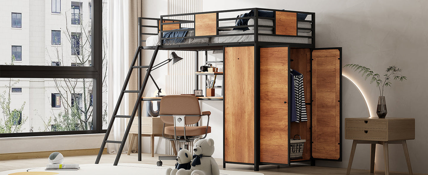 Twin Size Loft bed with L-shape Desk and Wardrobe, Black - Korvel