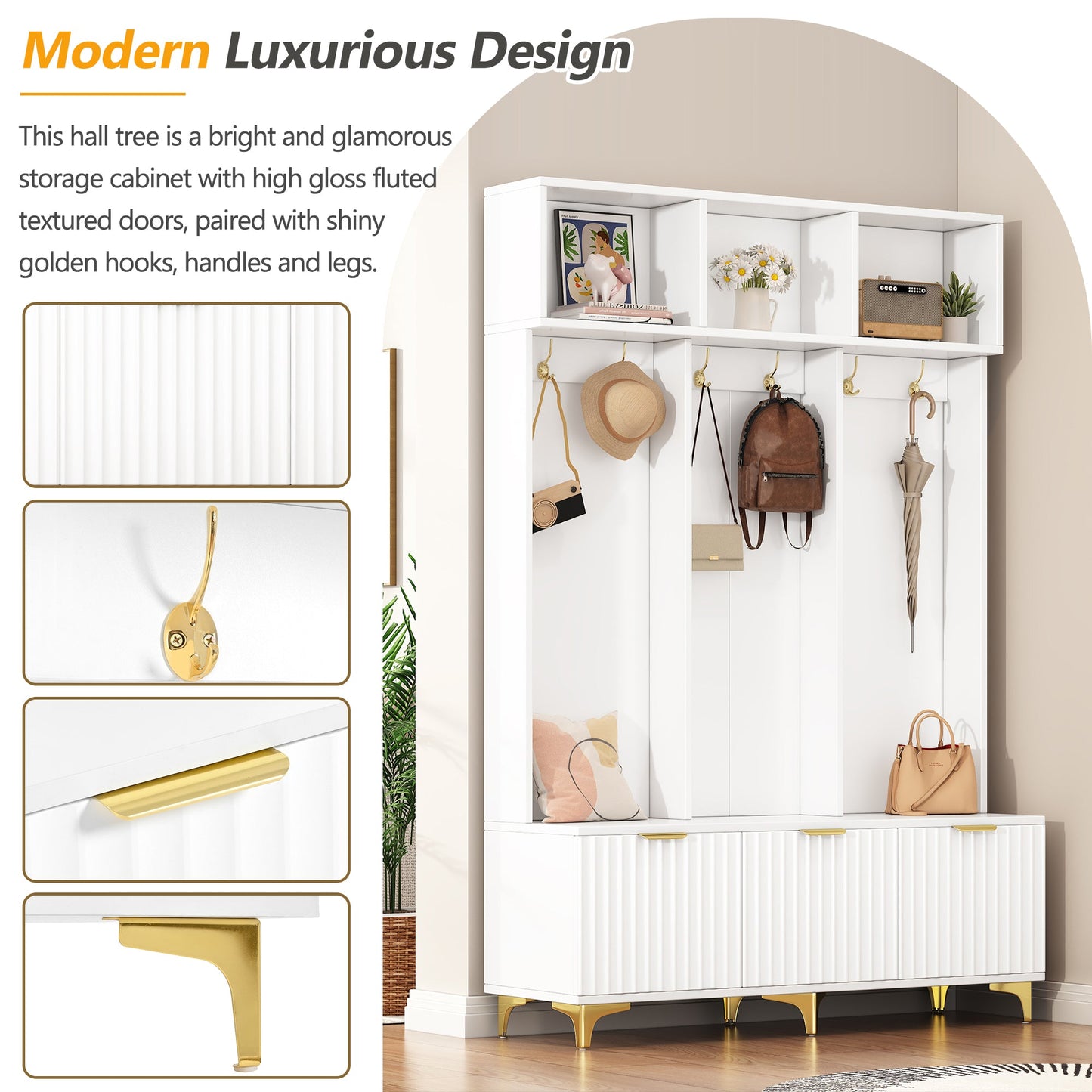 Large storage hall tree with bench, multifunctional storage platform, luxury clothes hanger equipped with 6 gold hooks - Korvel