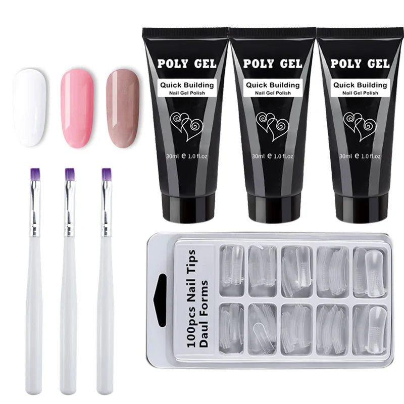 Kit de Poly Gel pour Nail Art Français avec Pinceau UV et Conseils d'Ongles