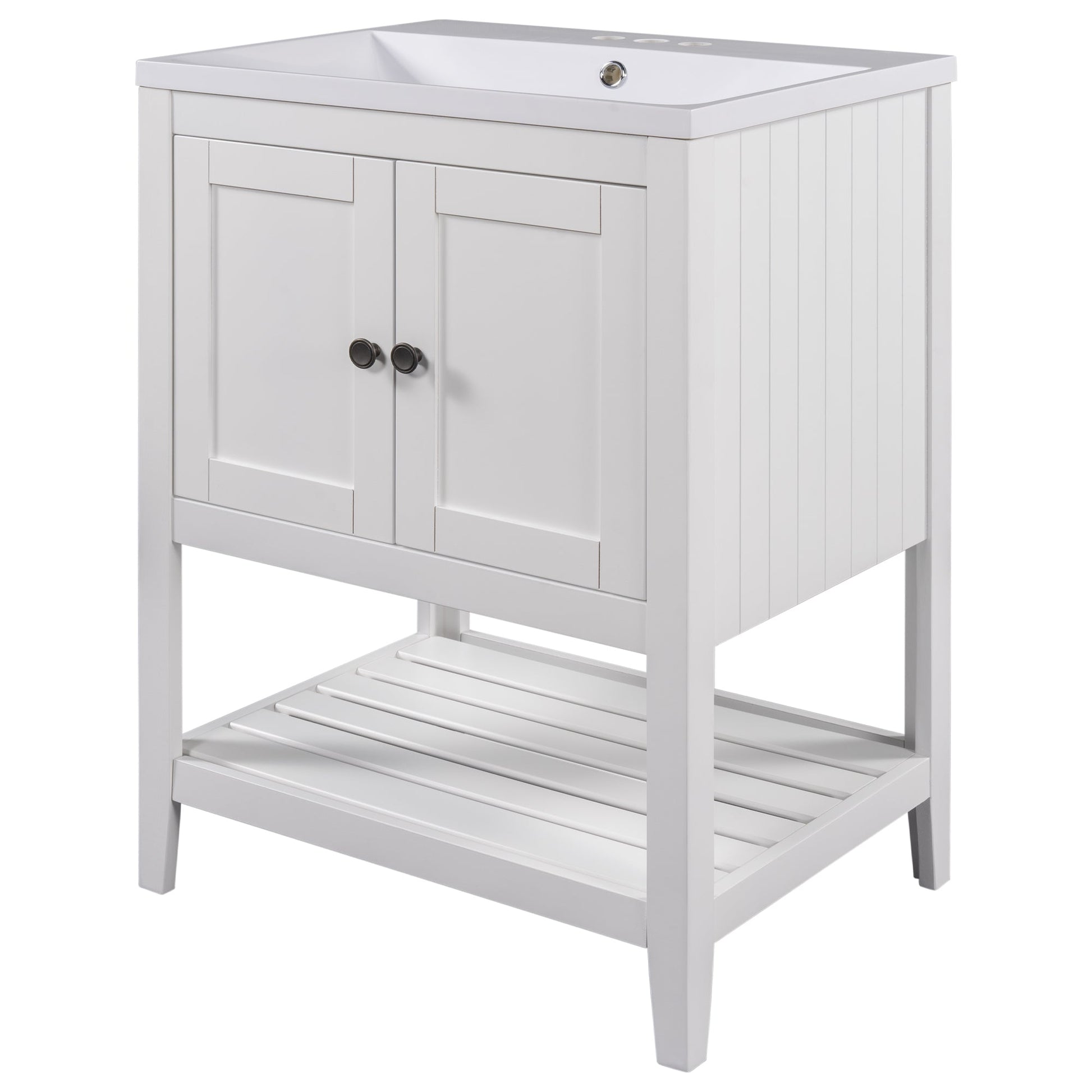 24" White Modern Sleek Bathroom Vanity Elegant Ceramic Sink with Solid Wood Frame Open Style Shelf - Korvel