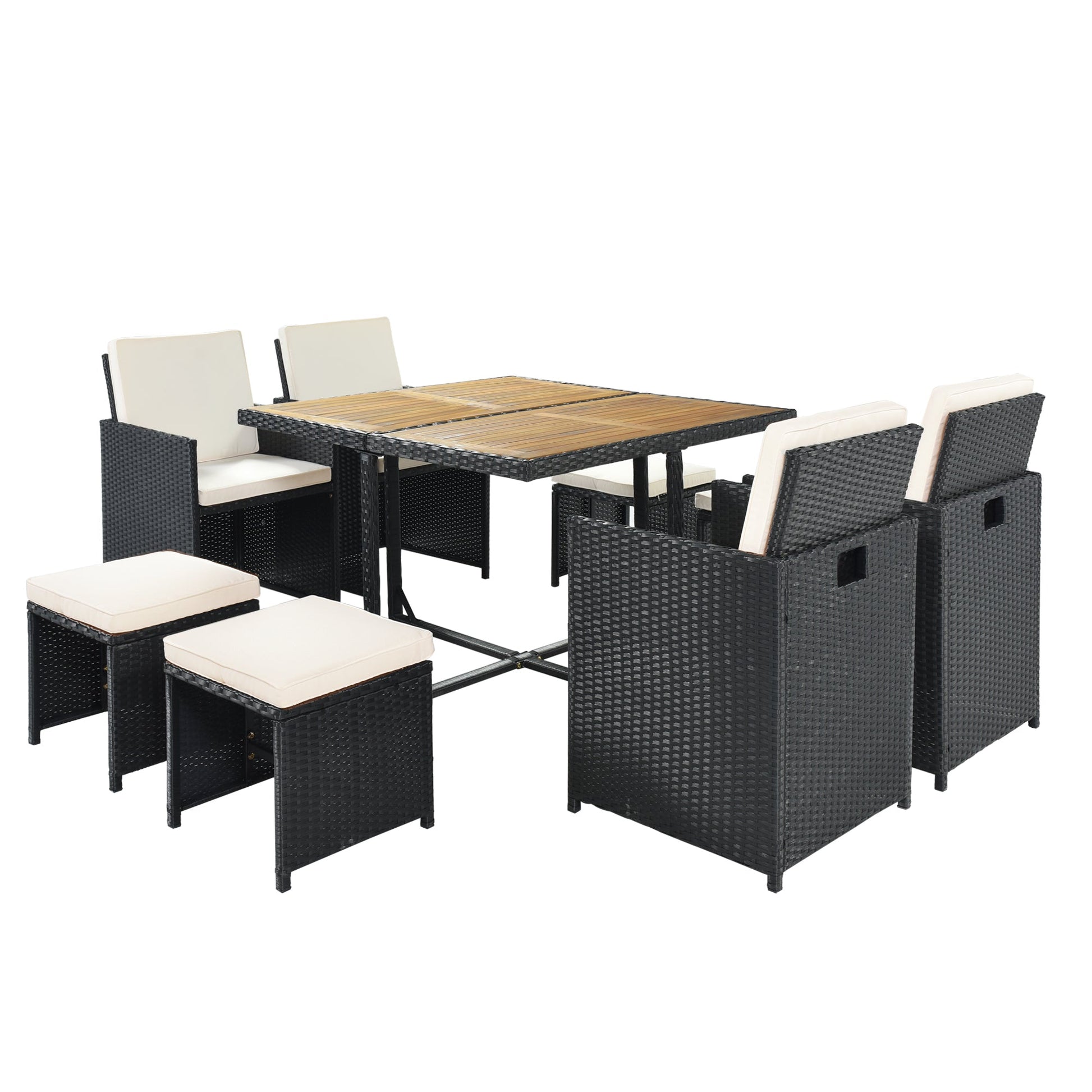 TOPMAX Patio All-Weather PE Wicker Dining Table Set with Wood Tabletop for 8, Black Rattan+Beige Cushion (9-Piece) - Korvel