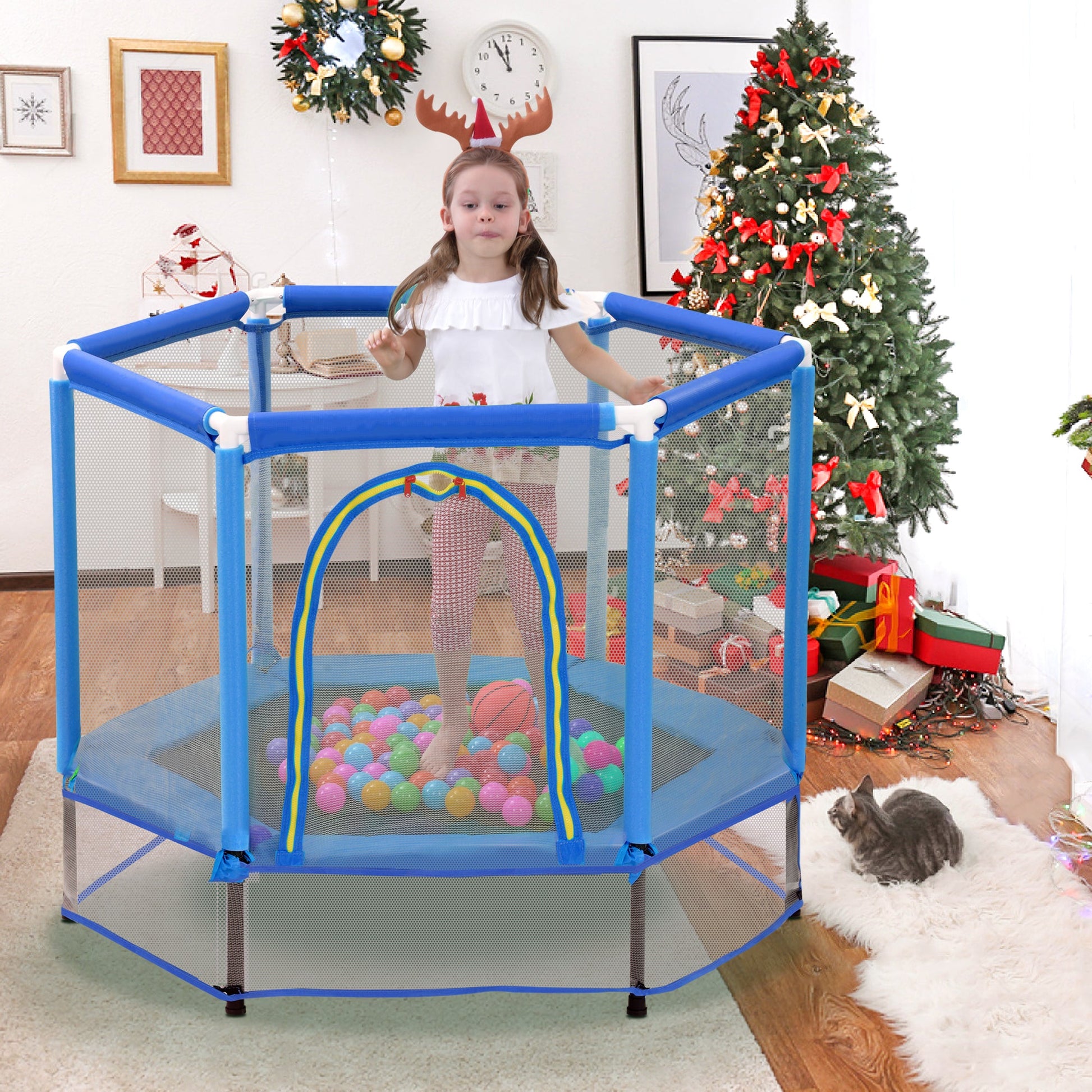 55'' Toddlers Trampoline with Safety Enclosure Net and Balls, Indoor Outdoor Mini Trampoline for Kids - Korvel