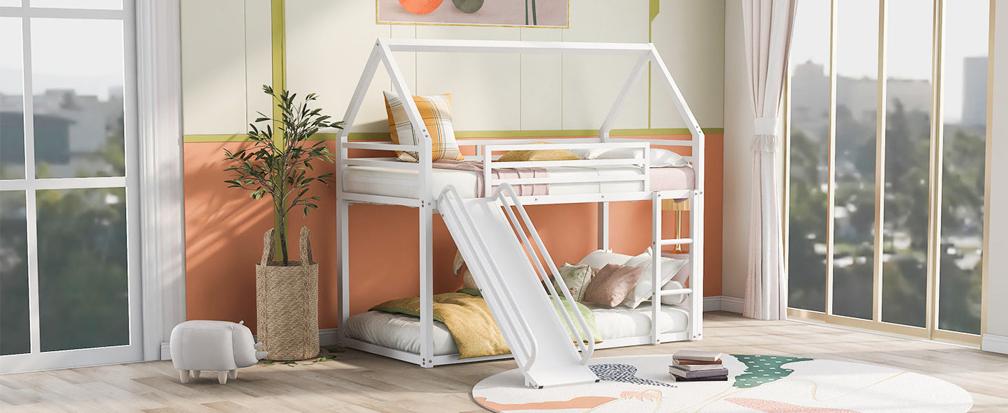 Twin over Twin House Bunk Bed with Ladder and Slide,White - Korvel