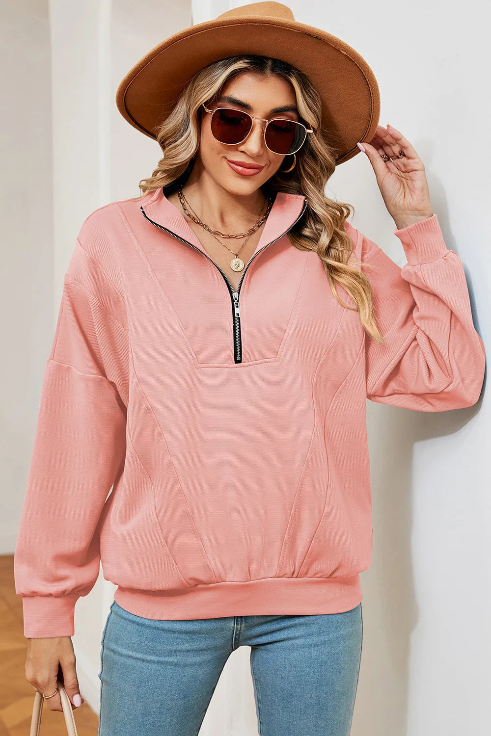 Solid Color Zipper Long Sleeve Pullover Sweatshirt for Women