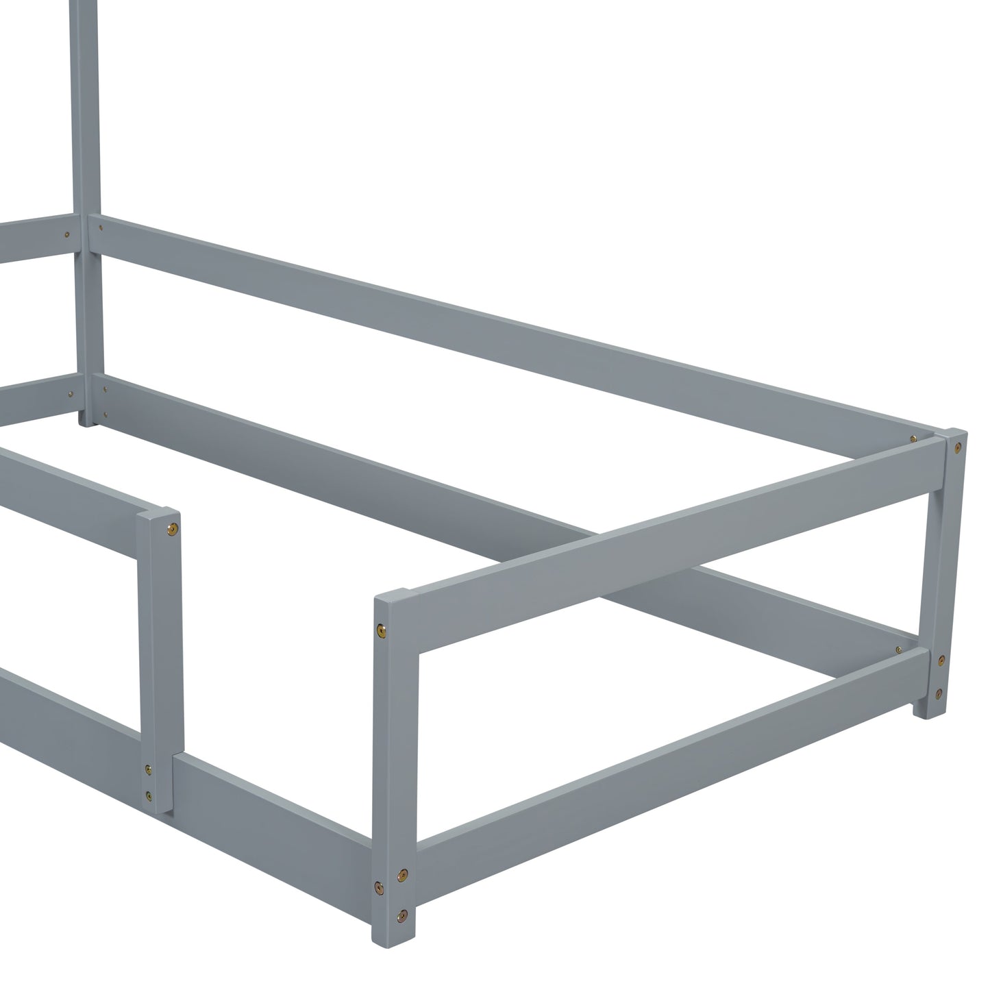 Lit simple taille jumeau en bois gris avec tête de lit en forme de maison