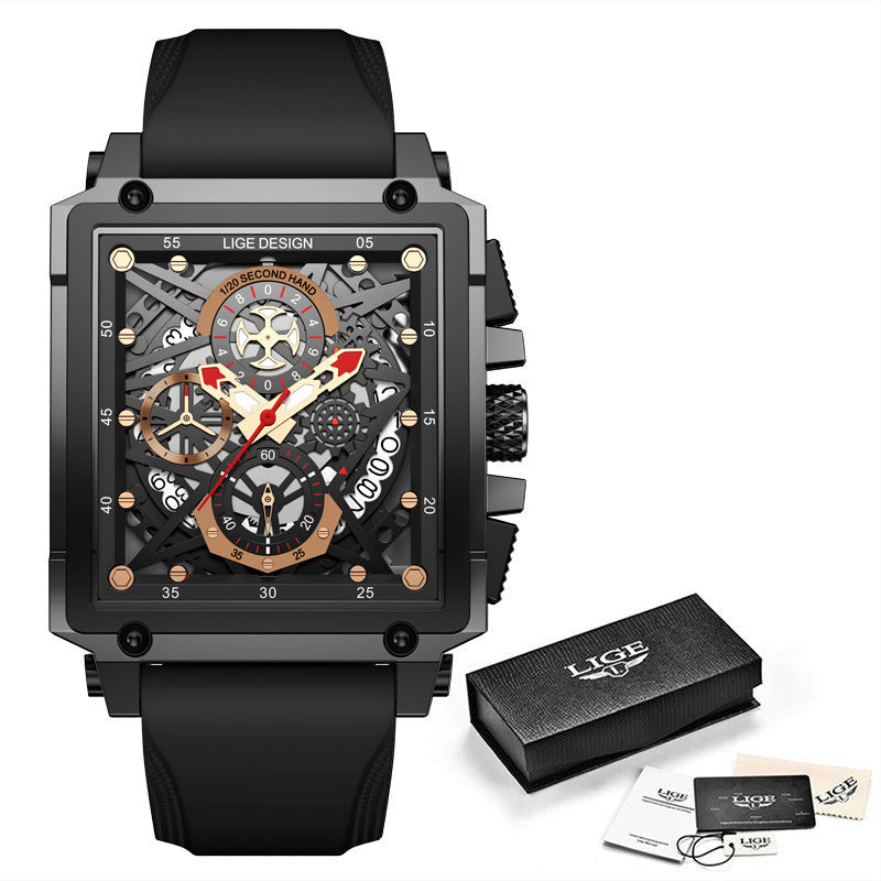 Lige New Men's Watch Square Multifunction Chronograph 30M Waterproof Watch - Korvel