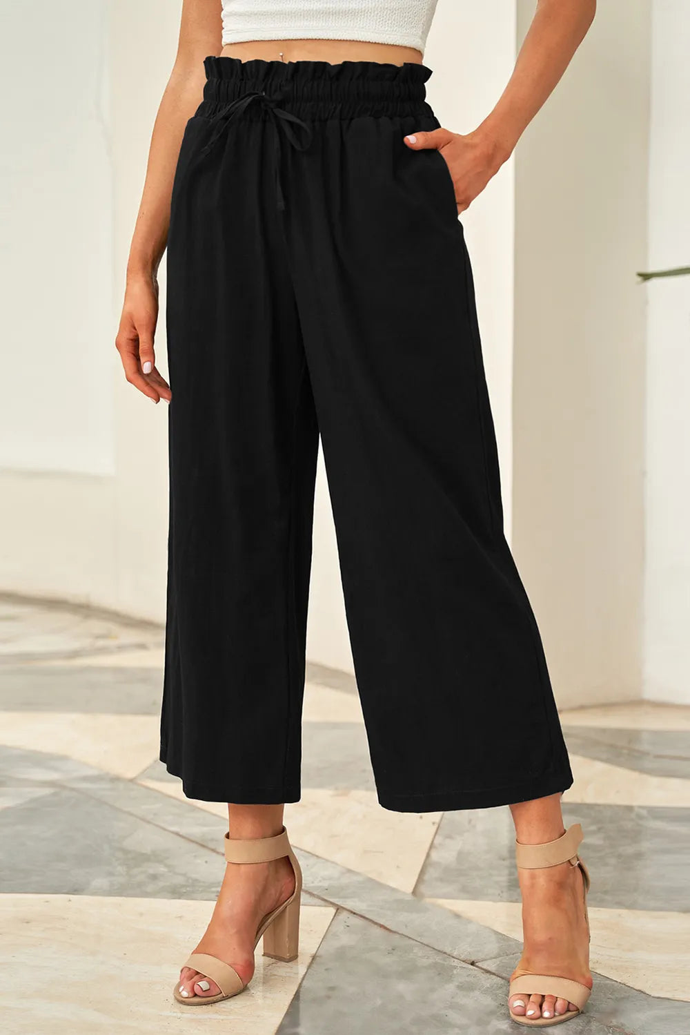 Drawstring Paperbag Waist Wide Leg Pants - Korvel