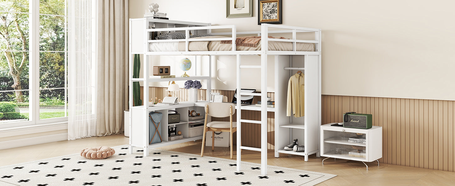 Metal loft bed with wardrobe and L-shaped desk, full-size loft bed with storage cabinet and shelf, white - Korvel