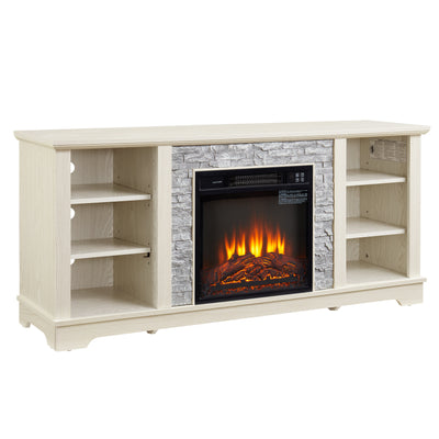 Mantel Electric Fireplace Stone TV Media Stand with Open Storage