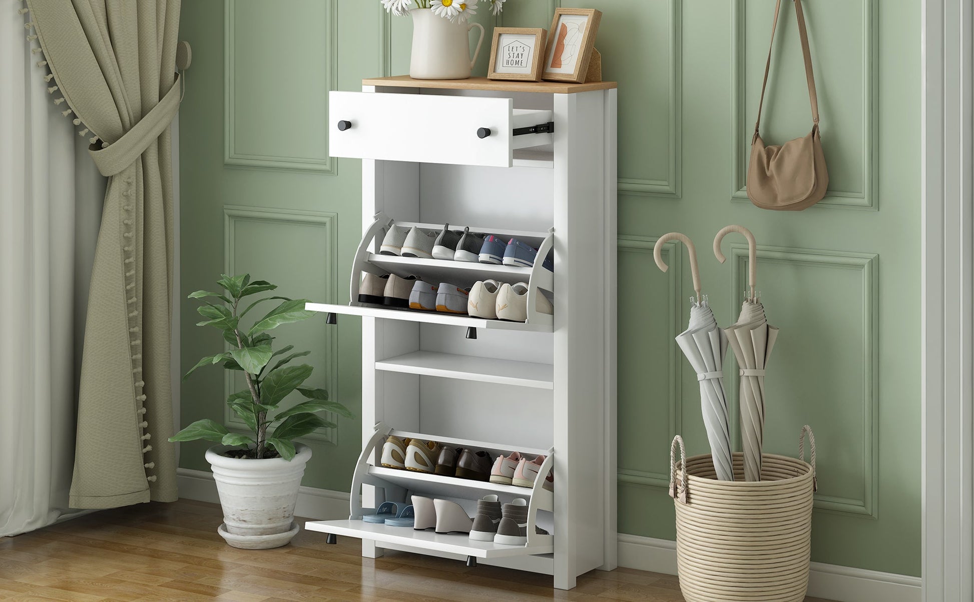 ONTREND with 2 flip drawers, top shoe cabinet with drawers, independent shoe rack with adjustable panel, white - Korvel