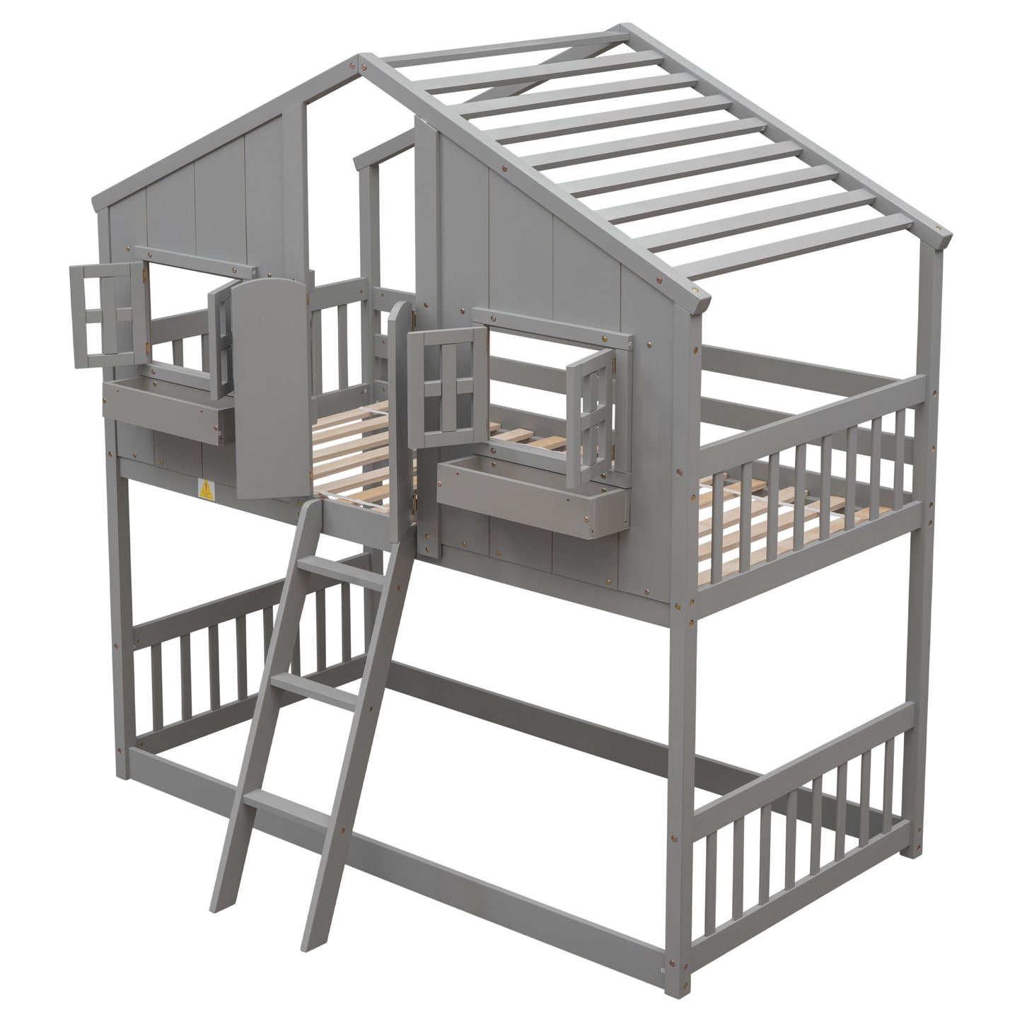 Twin over Twin House Bunk Bed with Roof , Window, Window Box, Door , with Safety Guardrails and Ladder, Grey - Korvel