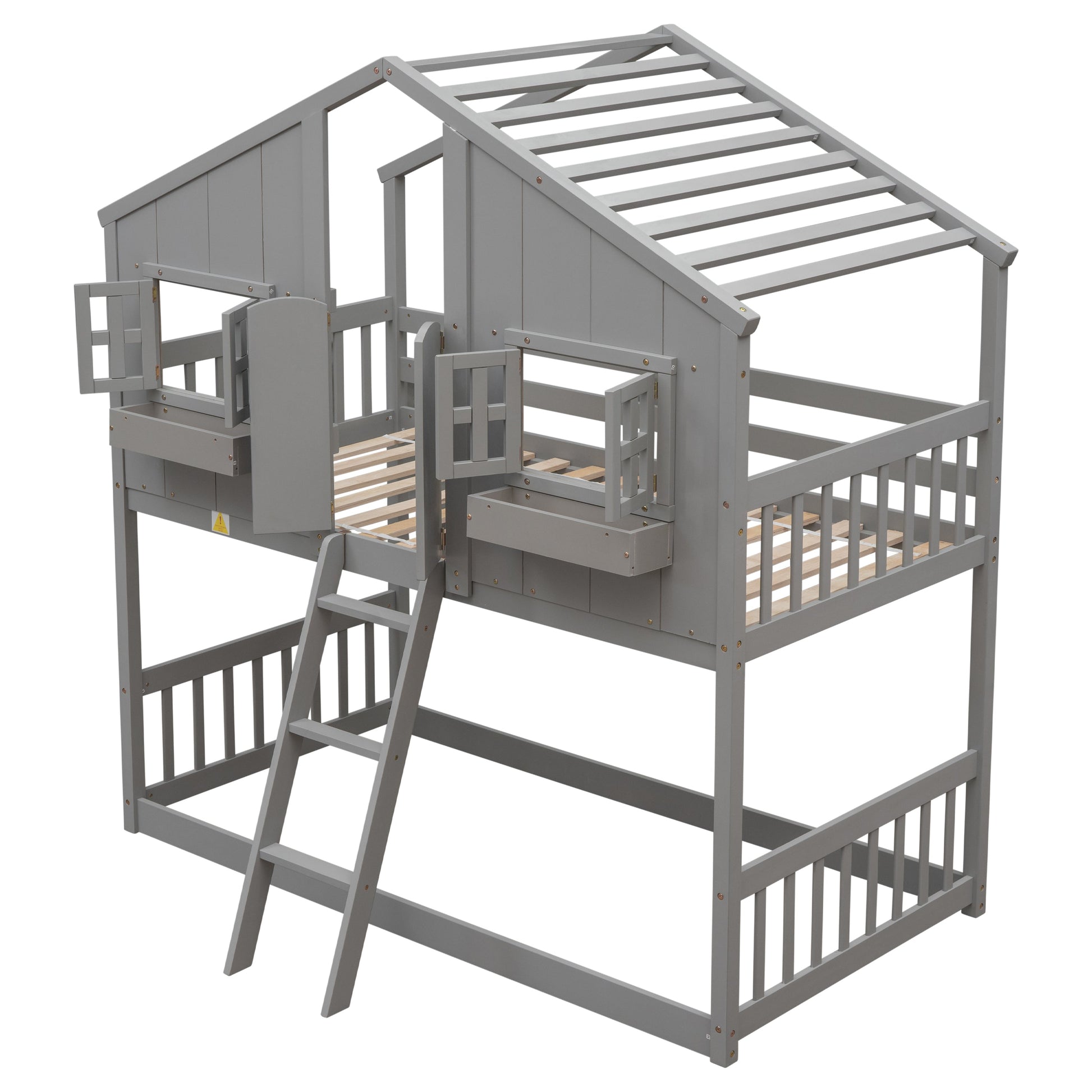 Twin over Twin House Bunk Bed with Roof , Window, Window Box, Door , with Safety Guardrails and Ladder, Grey - Korvel
