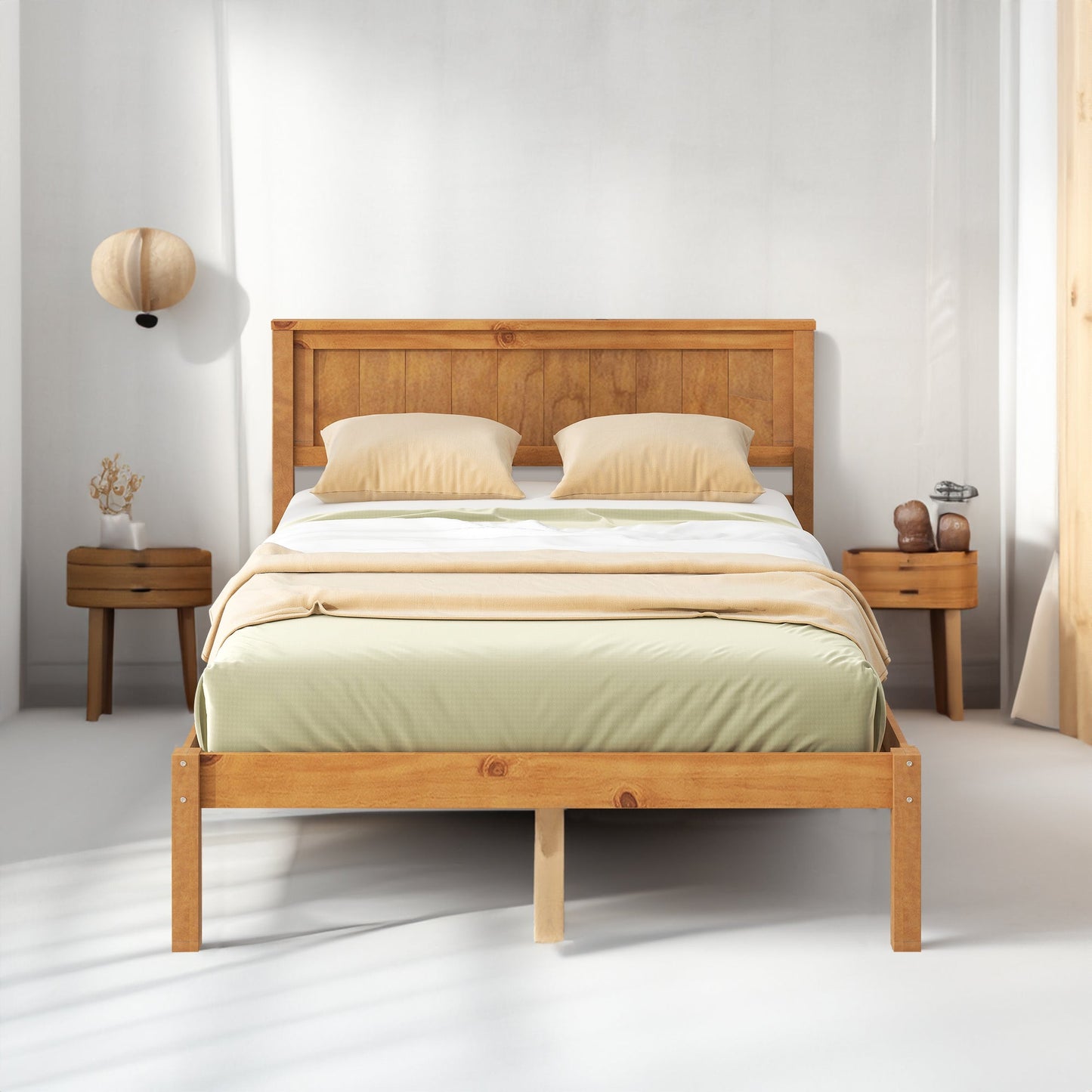 Platform Bed Frame with Headboard, Wood Slat Support No Box Spring Needed Full  Oak - Korvel