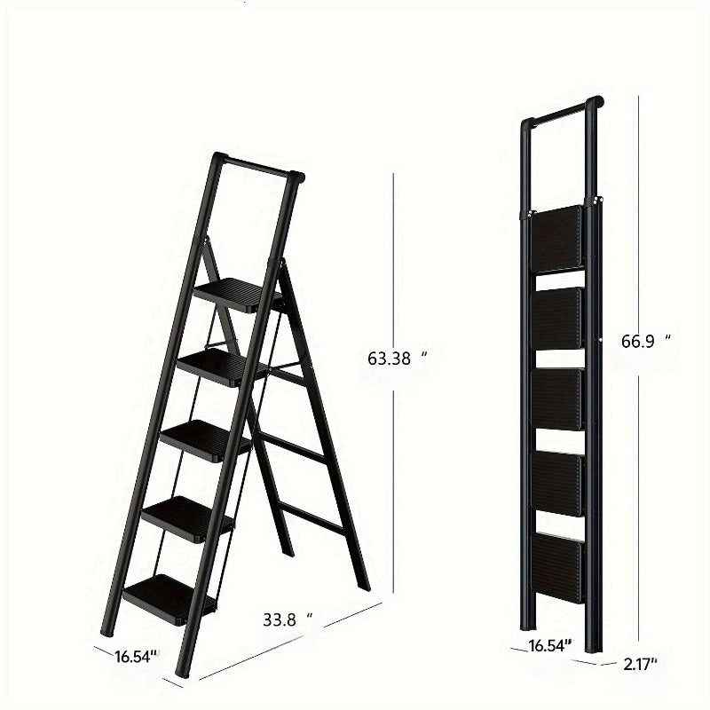 5-step ladder folding stool with anti slip wide pedals, lightweight and easy to carry handle folding ladder - Korvel