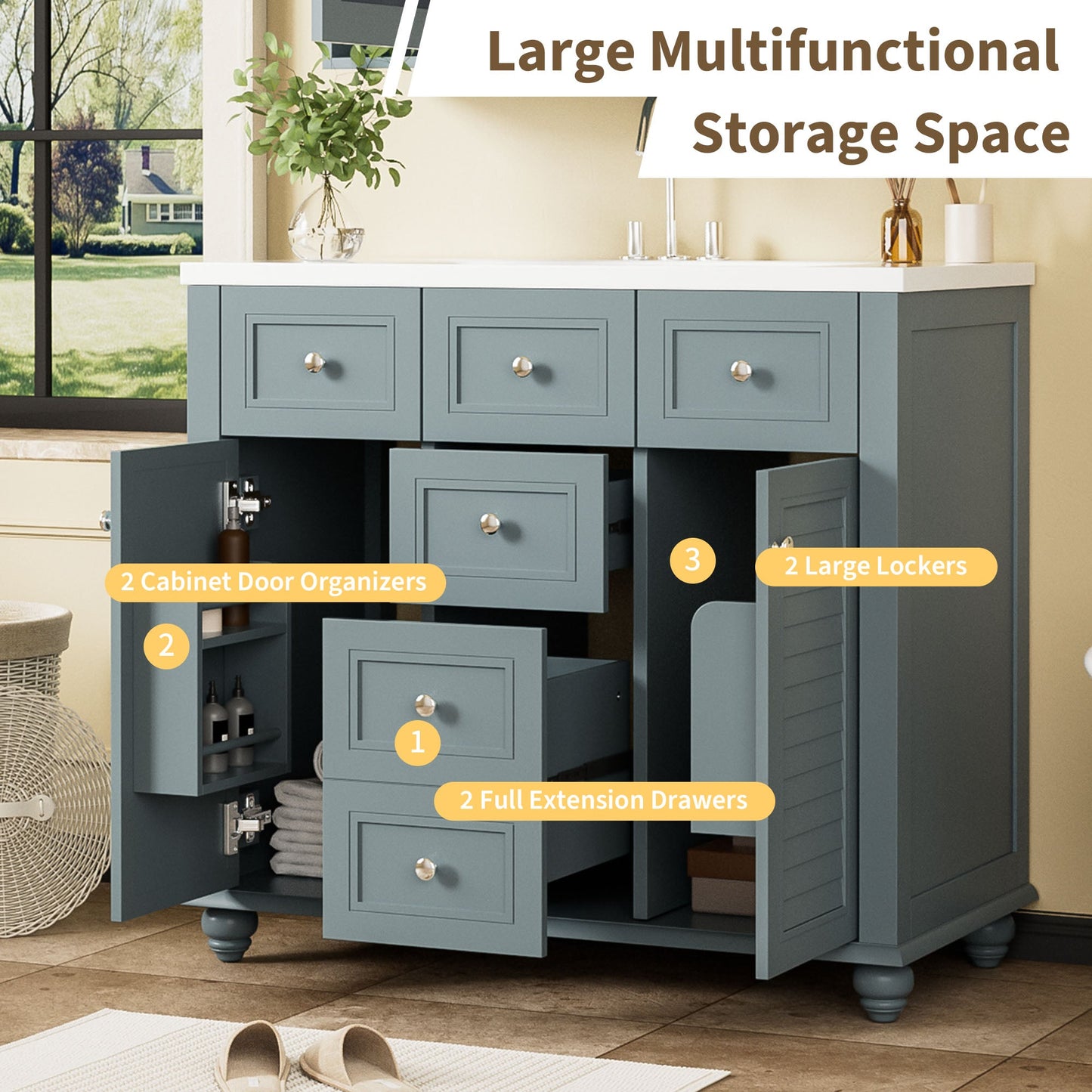 36 inch modern mirror cabinet with adjustable shelves, 2 soft closing doors, and 6 drawer storage cabinet door organizers - Korvel