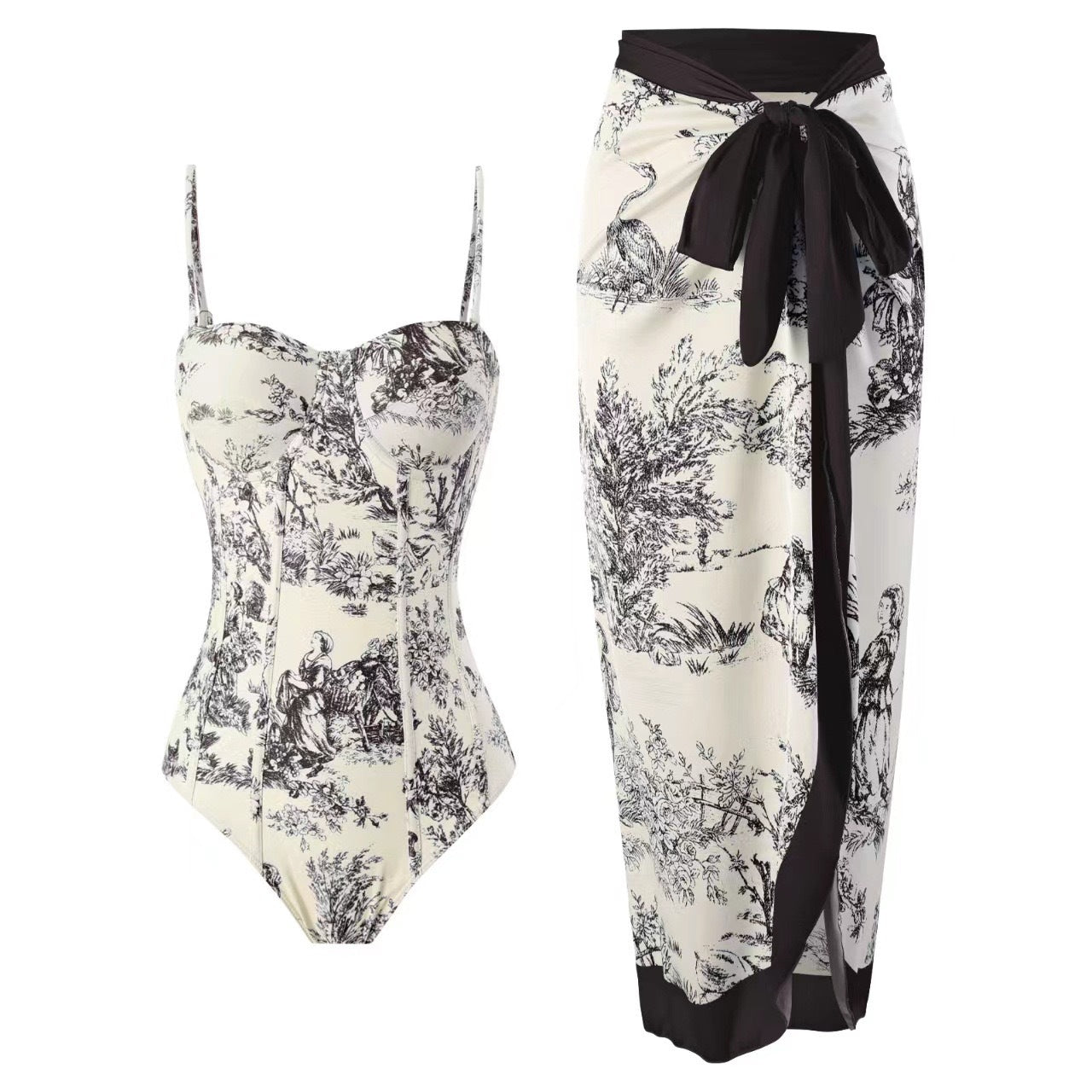 New one-piece swimsuit women's tight fitting slimming retro strap sunscreen long skirt two-piece set - Korvel