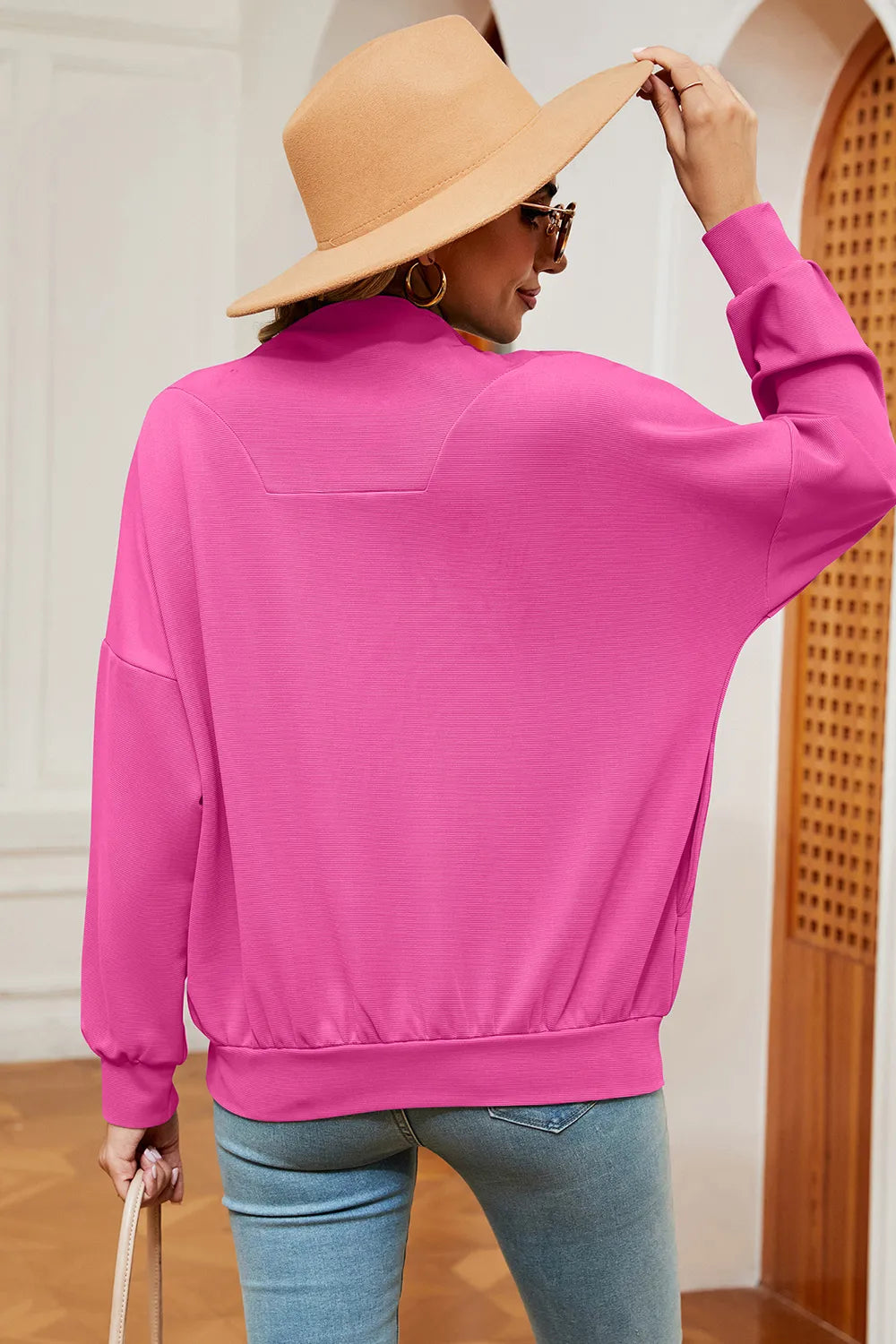 Solid Color Zipper Long Sleeve Pullover Sweatshirt for Women
