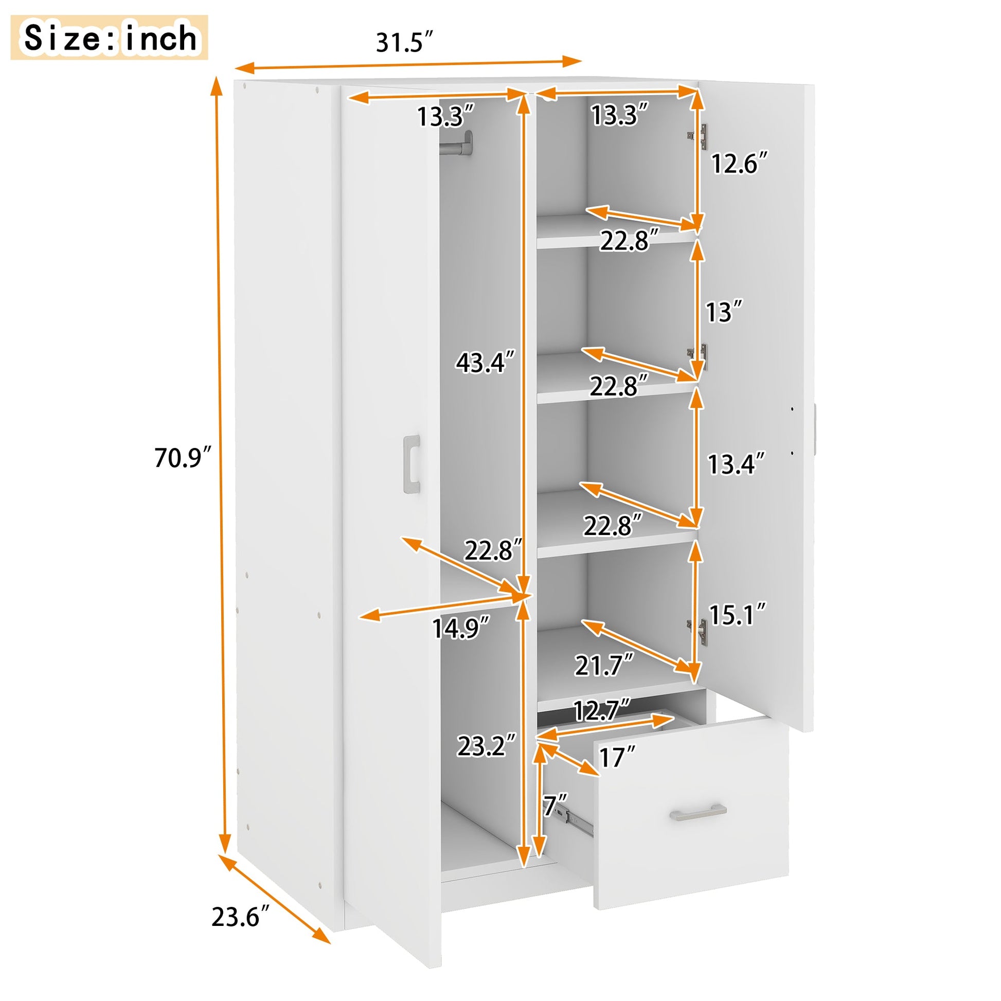 Wooden Wardrobe with Double Doors, Armoire with Hanging Rod, 5 Fixed Shelves, One Storage Drawer,White - Korvel
