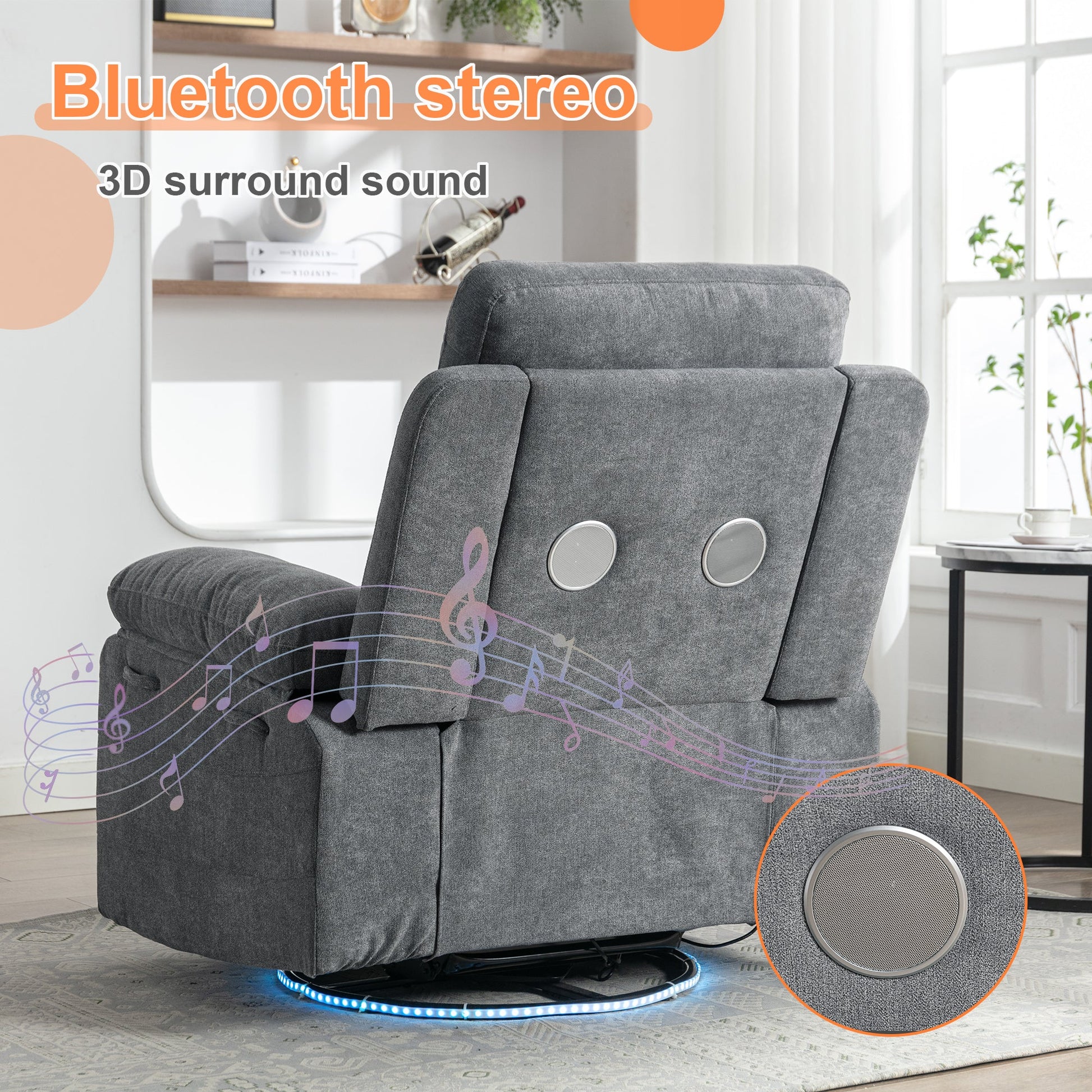 270 degree rotating electric recliner speaker with LED light, USB+C charging port, extendable foot pedal, adjustable backrest - Korvel