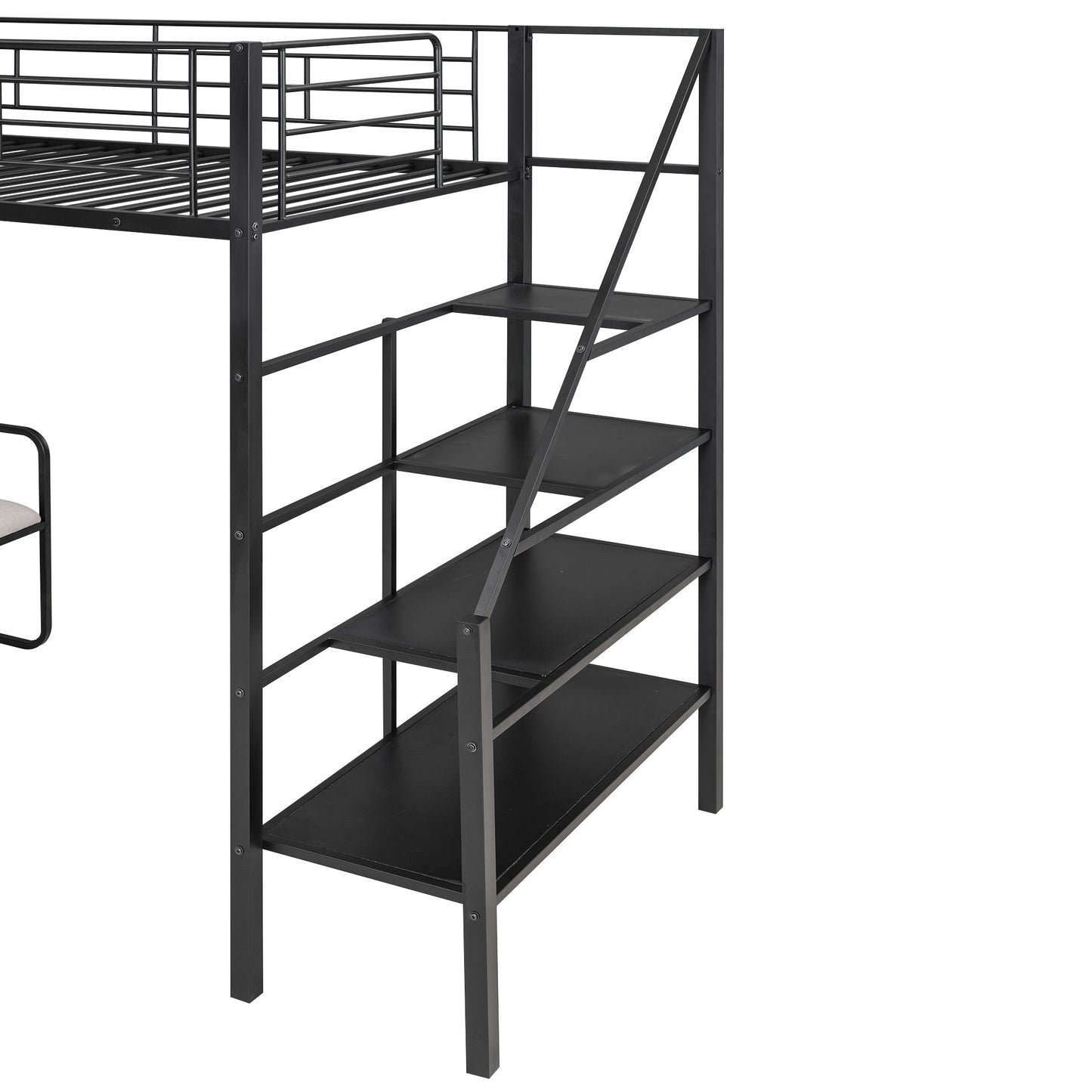 Twin Size Metal Loft Bed with Bench and Storage Staircase  Black - Korvel