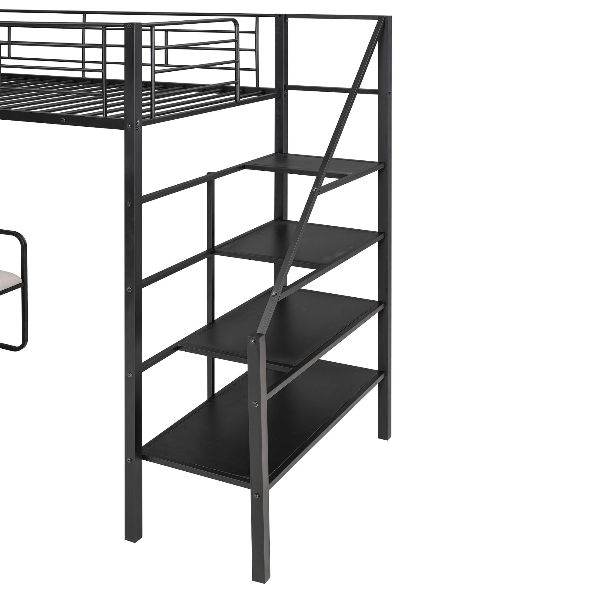 Twin Size Metal Loft Bed with Bench and Storage Staircase  Black - Korvel