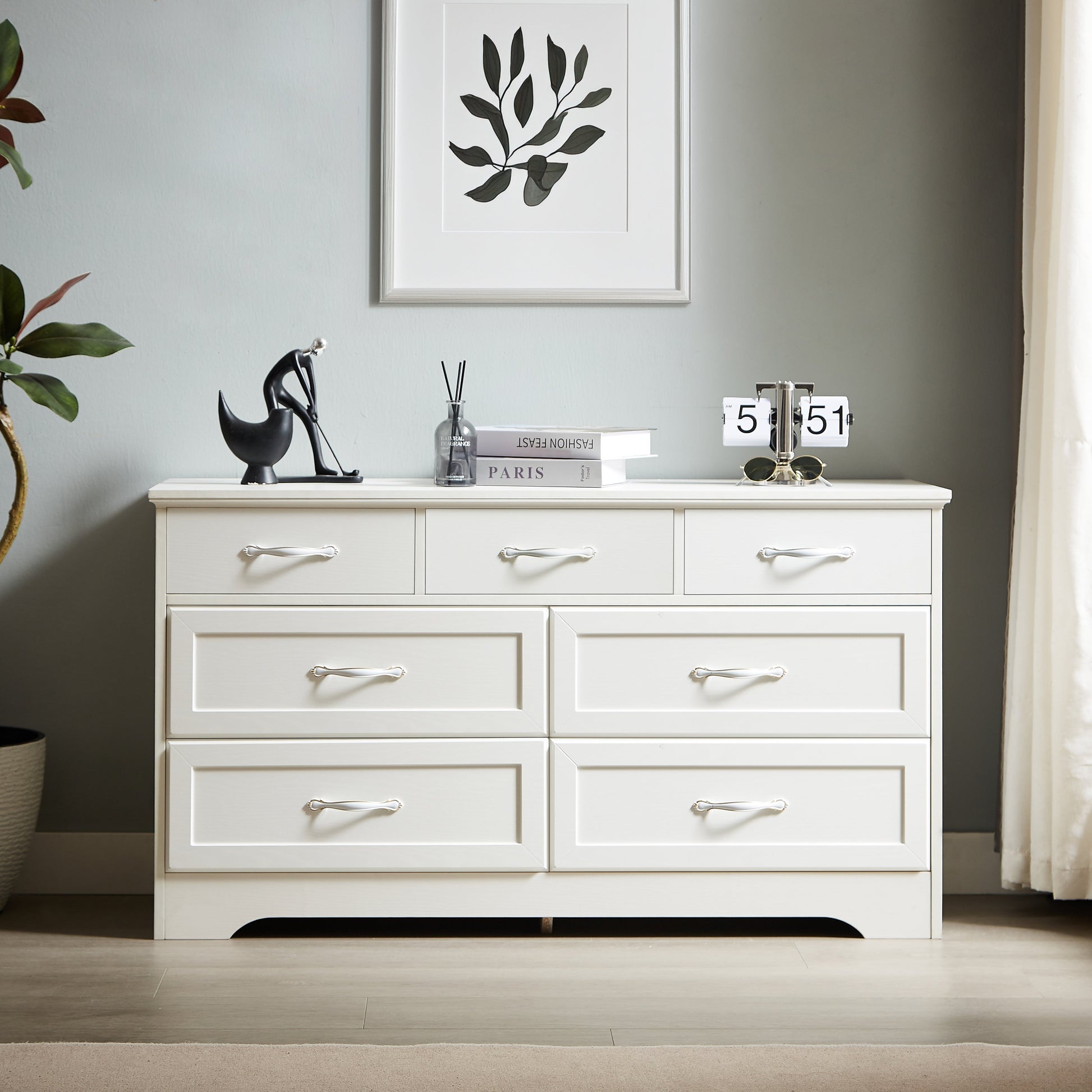 Modern 3 Drawer Bedroom Chest of Drawers with 7 Drawers Dresser Clothes Organizer -Metal Pulls White, 47.6″L x 15.7″W x 26.6″H - Korvel