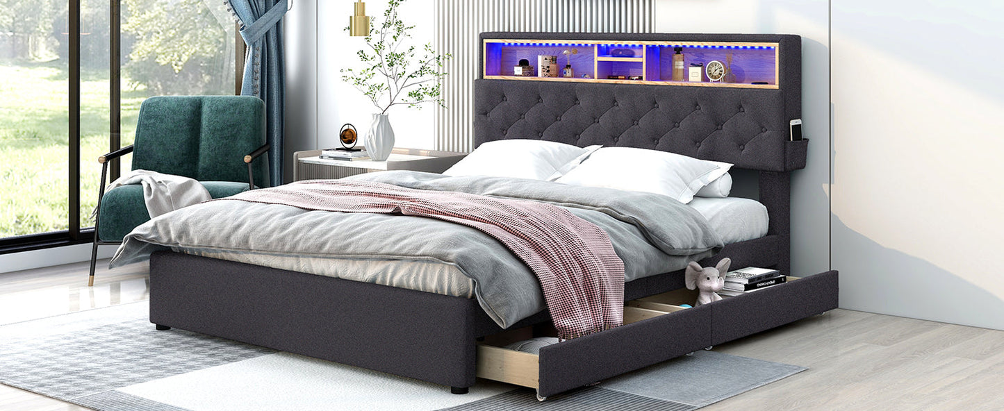 Queen Size Upholstered Platform Bed with Storage & LED, Dark Gray