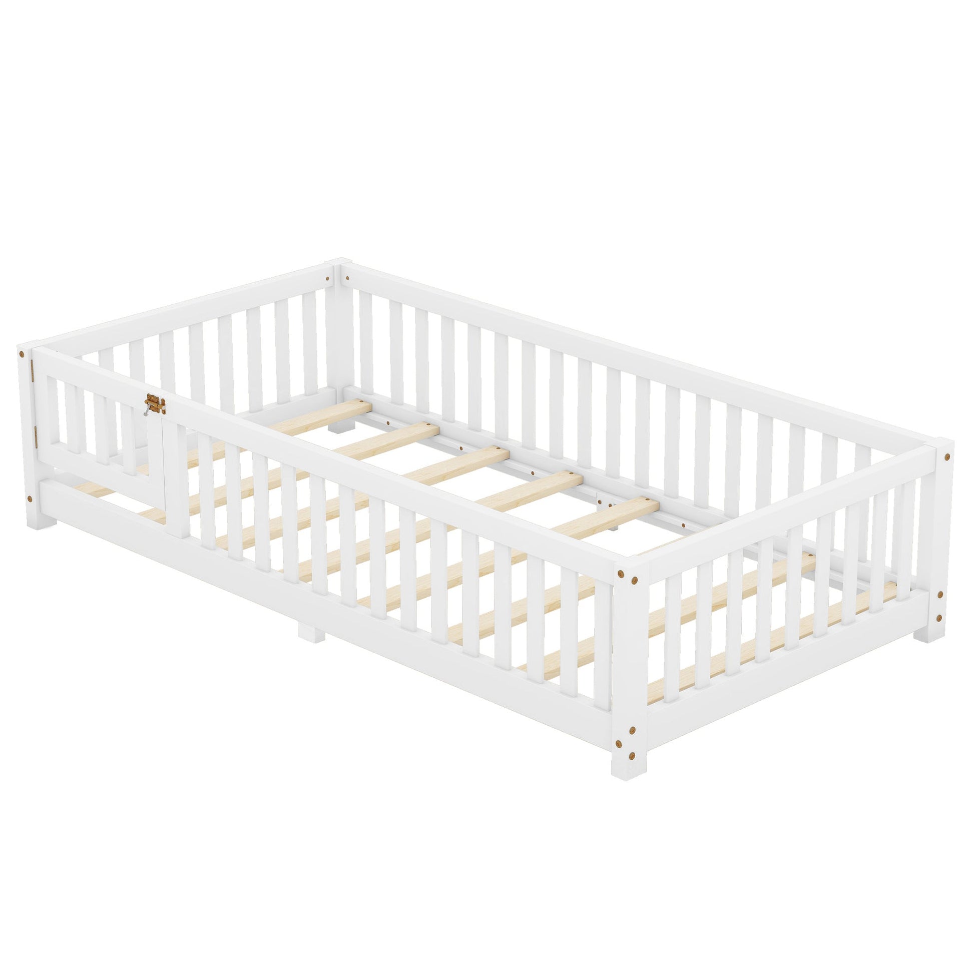Twin Size Bed Floor Bed with Safety Guardrails and Door for Kids, White - Korvel