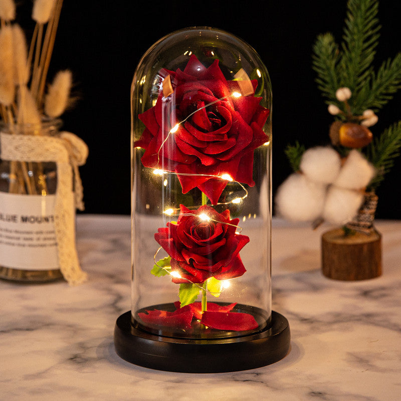 Christmas Valentine's Day Birthday Gift Two Roses Glass Cover Ornament LED Light Simulation Immortal Flower - Korvel
