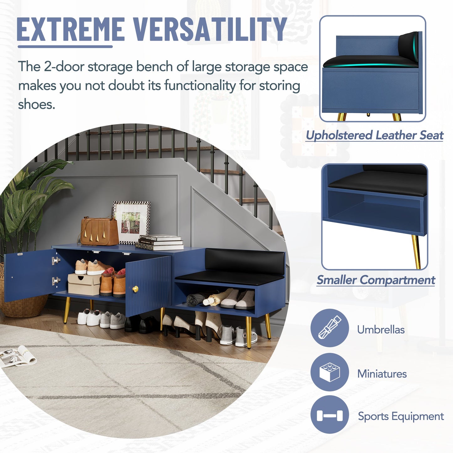 Modern Navy Shoe Storage Bench with Hidden Storage & Cushions