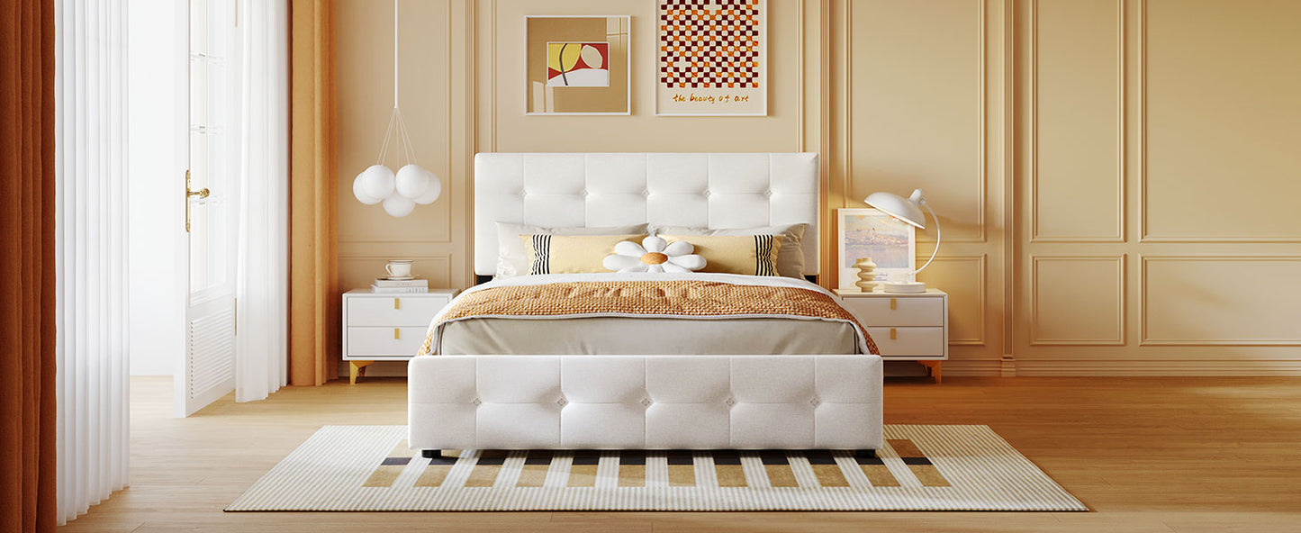 Upholstered Platform Bed with Classic Headboard and 4 Drawers No Box Spring Needed Linen Fabric Queen Size White - Korvel
