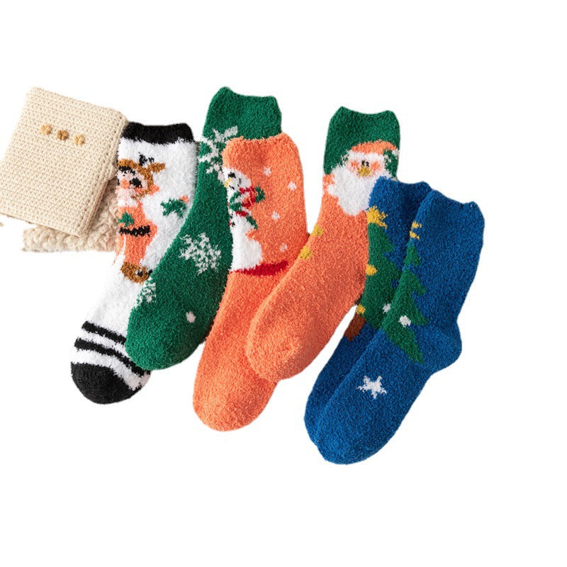 Christmas orange socks for children, winter thick INS trendy warm home socks, coral fleece flooring - Korvel