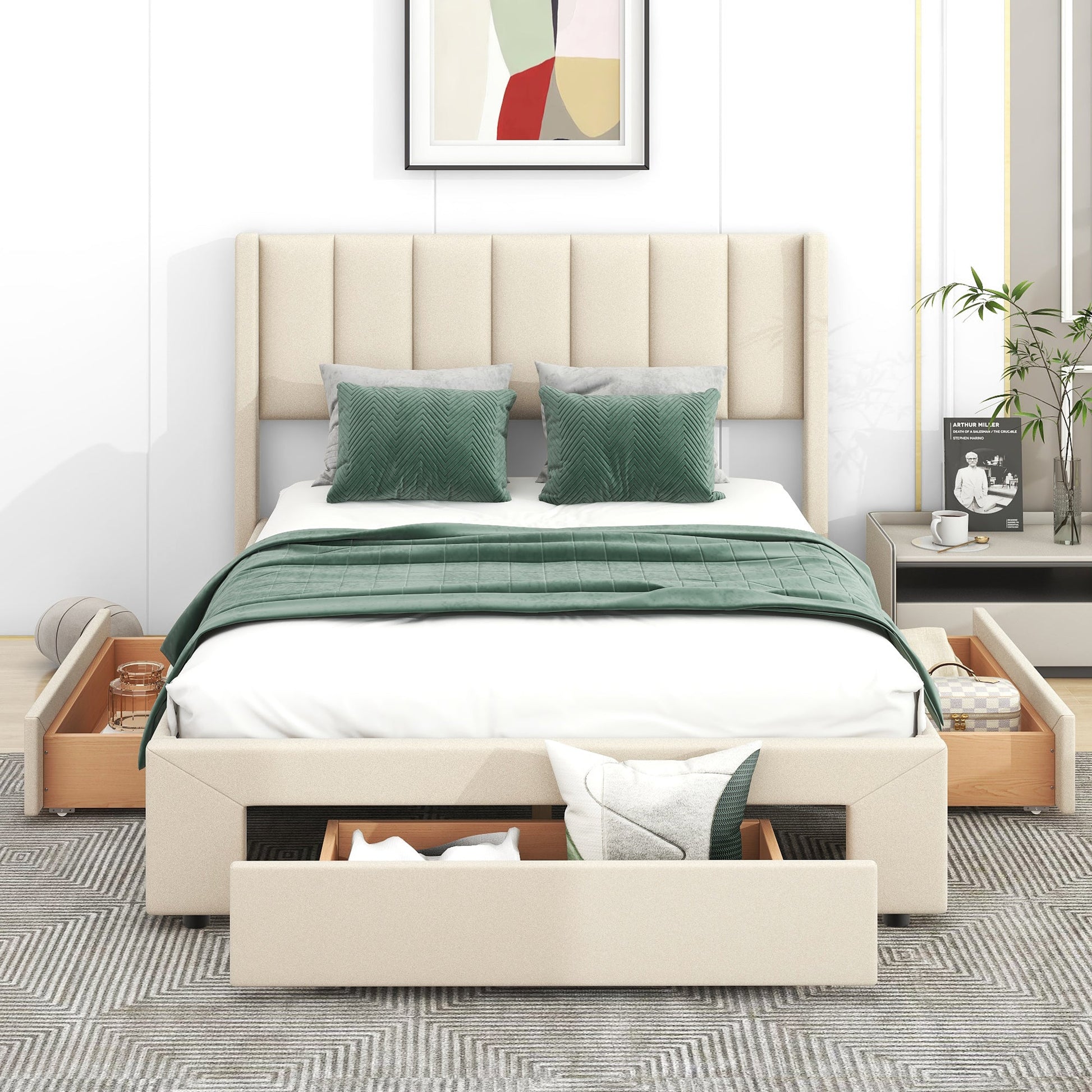 Full Size Upholstered Platform Bed with One Large Drawer in the Footboard and Drawer on Each Side Beige - Korvel