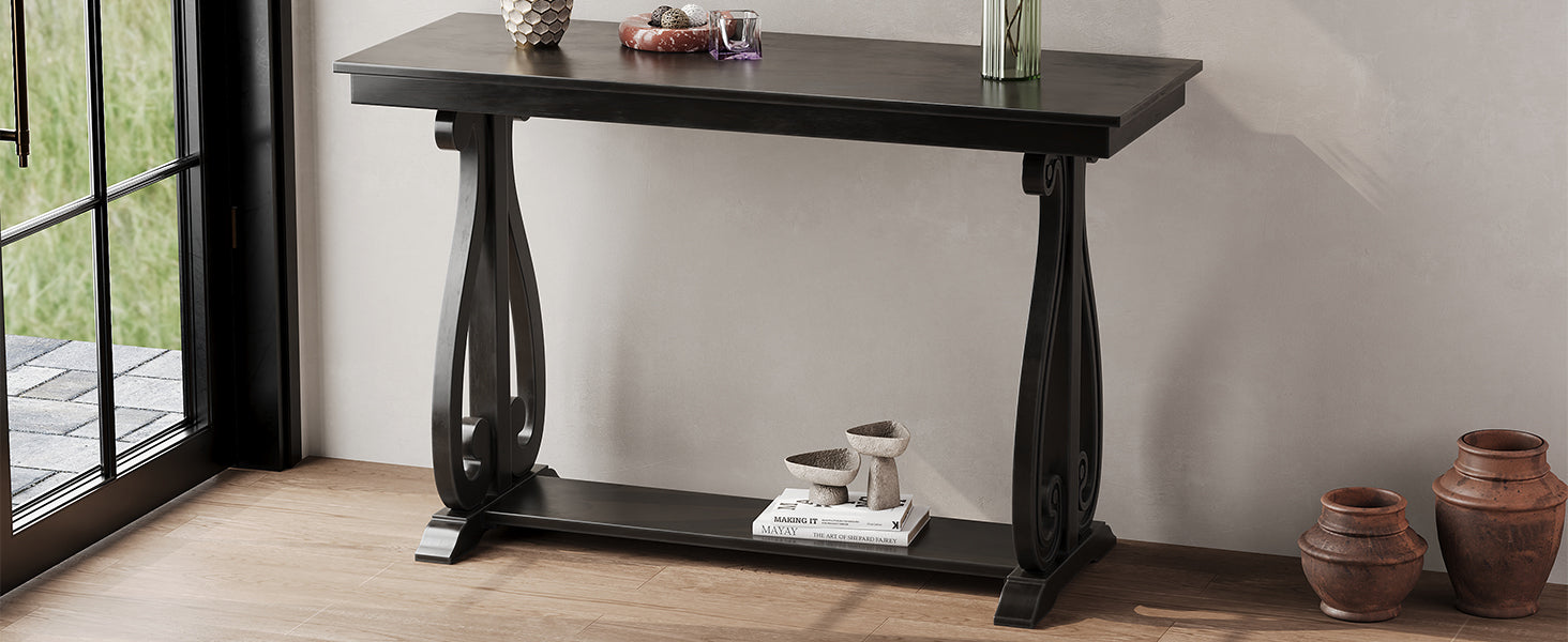 48-Inch Rustic Vintage Console Table --- Farmhouse Style Entryway Table with Open Shelf and Sturdy Construction (Black) - Korvel