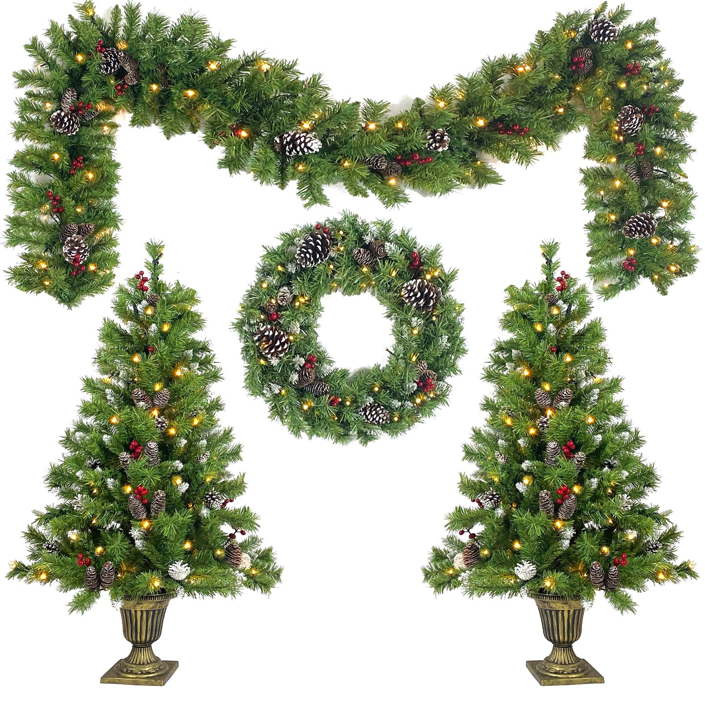 Christmas Tree Artificial Christmas 4-piece Set, including flower wreath, flower wreath, and 2 entrance trees, with LED lights - Korvel